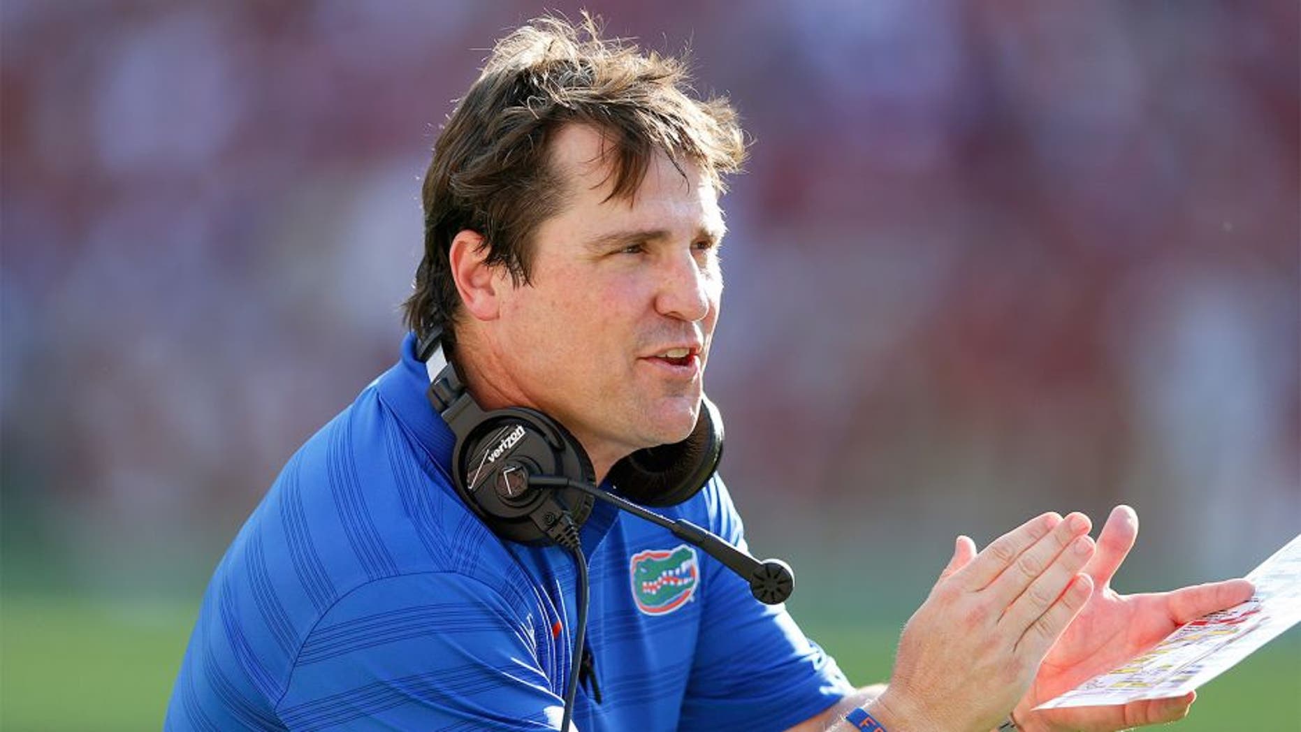 TUSCALOOSA, AL - SEPTEMBER 20: Head coach Will Muschamp of the Florida Gators looks on during the game against the Alabama Crimson Tide at Bryant-Denny Stadium on September 20, 2014 in Tuscaloosa, Alabama. Alabama defeated Florida 42-21. (Photo by Joe Robbins/Getty Images) *** Local Caption *** Will Muschamp