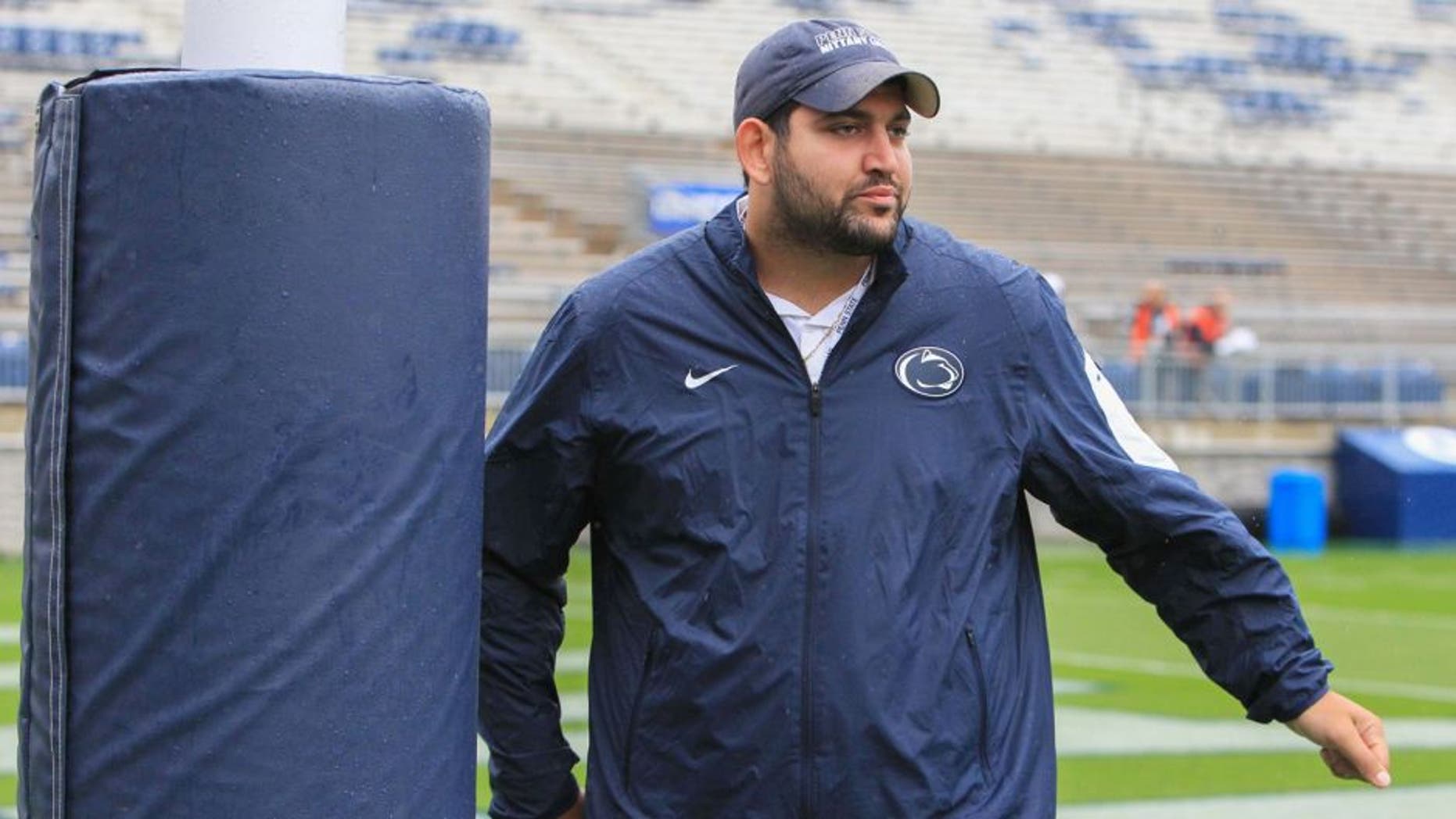 Sep 12, 2015; University Park, PA, USA; Penn State Nittany Lions center Angelo Mangiro (66) walks on the field prior to the game against the Buffalo Bulls at Beaver Stadium. Mandatory Credit: Matthew O'Haren-USA TODAY Sports