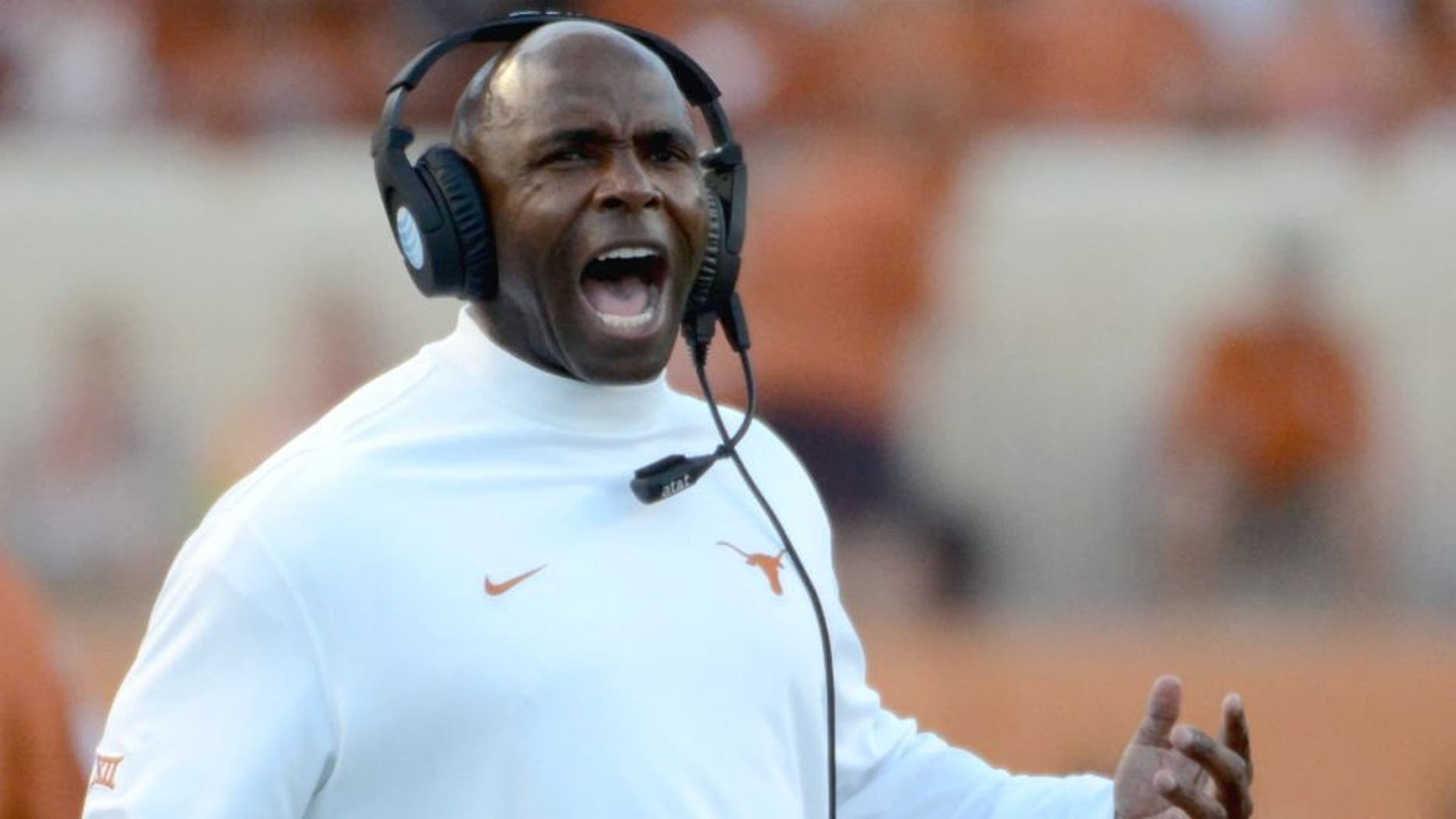 Sep 19, 2015; Austin, TX, USA; Texas Longhorns head coach Charlie Strong reacts against the California Golden Bears during the first quarter at Darrell K Royal-Texas Memorial Stadium. Cal beat Texas 45-44. Mandatory Credit: Brendan Maloney-USA TODAY Sports