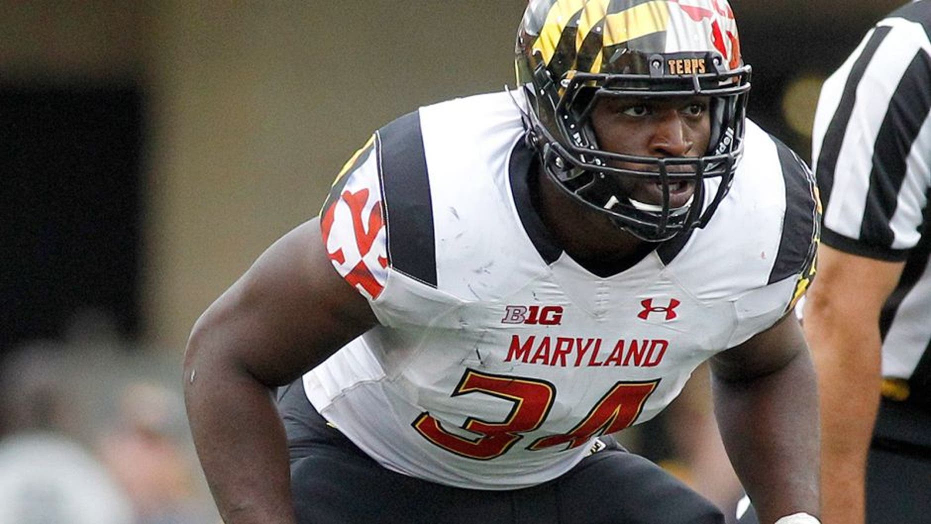 MORGANTOWN, WV - SEPTEMBER 26: Jefferson Ashiru #34 of the Maryland Terrapins in action during the game against the West Virginia Mountaineers on September 26, 2015 at Mountaineer Field in Morgantown, West Virginia. (Photo by Justin K. Aller/Getty Images)
