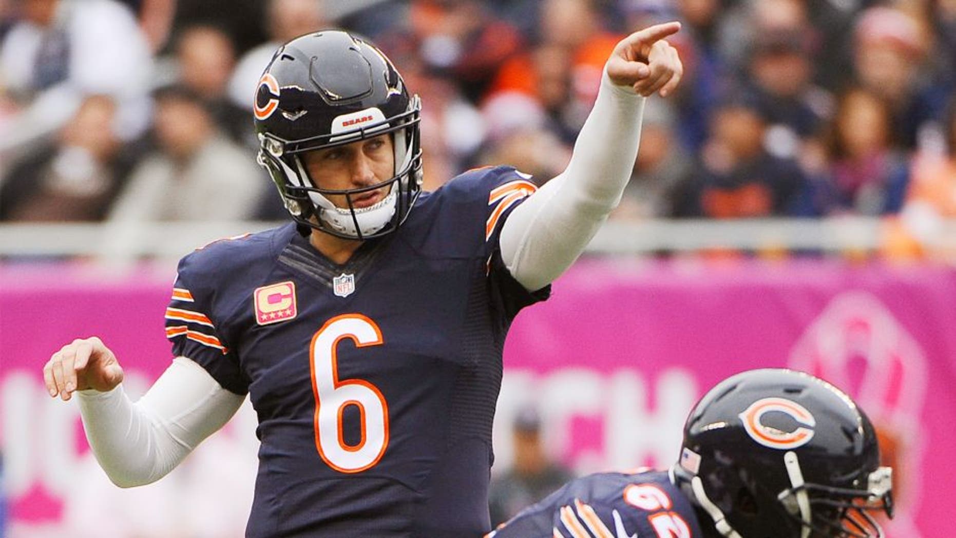Oct 4, 2015; Chicago, IL, USA; Chicago Bears quarterback Jay Cutler (6) gestures before a snap against the Oakland Raiders during the first quarter at Soldier Field. Mandatory Credit: Matt Marton-USA TODAY Sports