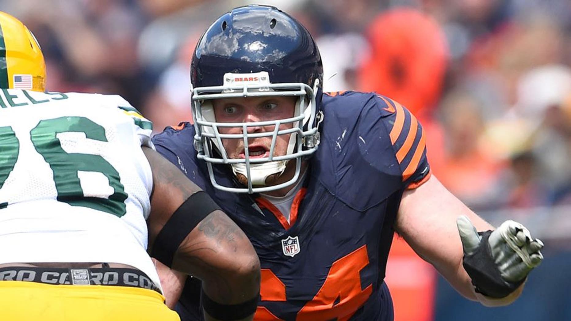 Sep 13, 2015; Chicago, IL, USA; Chicago Bears center Will Montgomery (64) during the second half at Soldier Field. Green Bay Packers defeats the Chicago Bears 31-23. Mandatory Credit: Mike DiNovo-USA TODAY Sports
