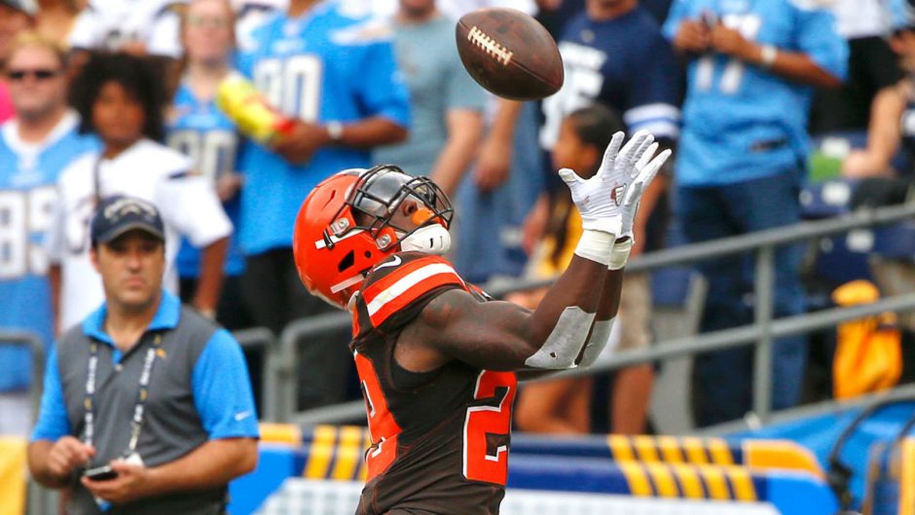 Cleveland Browns running back Duke Johnson makes an end zone catch for a touchdown against the San Diego Chargers during the first half of an NFL football game, Sunday, Oct. 4, 2015, in San Diego. (AP Photo/Lenny Ignelzi)
