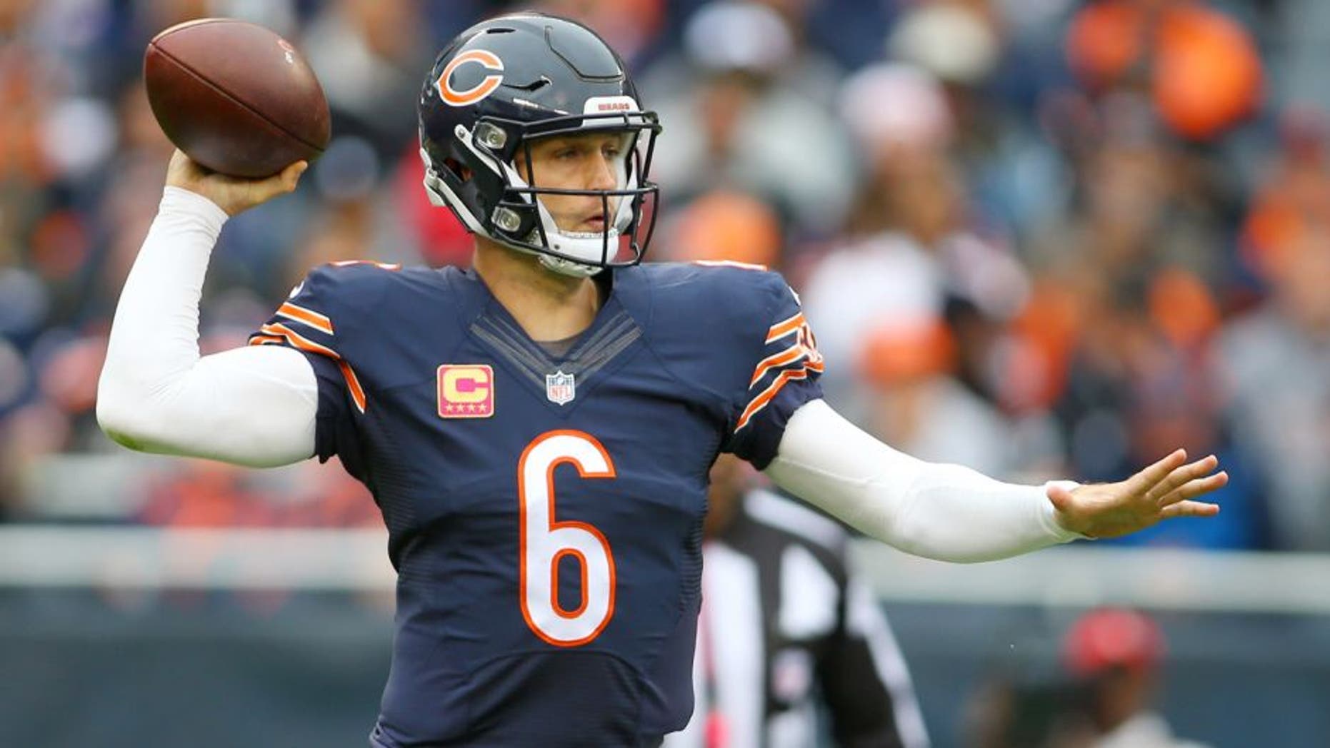 Oct 4, 2015; Chicago, IL, USA; Chicago Bears quarterback Jay Cutler (6) throws a pass against the Oakland Raiders during the second quarter at Soldier Field. Mandatory Credit: Jerry Lai-USA TODAY Sports