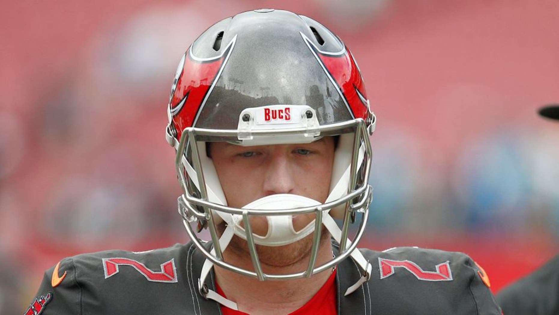 Oct 4, 2015; Tampa, FL, USA; Tampa Bay Buccaneers kicker Kyle Brindza (2) walks off of the field after an NFL football game against the Carolina Panthers at Raymond James Stadium. Carolina won 37-23. Mandatory Credit: Reinhold Matay-USA TODAY Sports