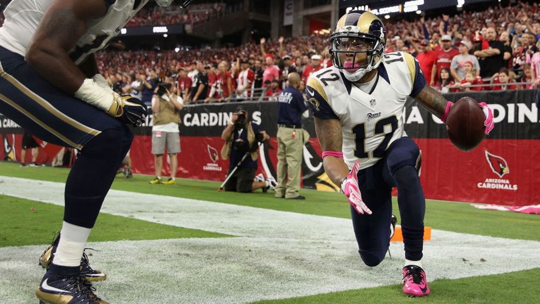 GLENDALE, AZ - OCTOBER 04: Wide receiver Stedman Bailey #12 of the St. Louis Rams (right) celebrates his third quarter touchdown with wide receiver Kenny Britt #18 (left) during the NFL game against the Arizona Cardinals at the University of Phoenix Stadium on October 4, 2015 in Glendale, Arizona. (Photo by Christian Petersen/Getty Images)