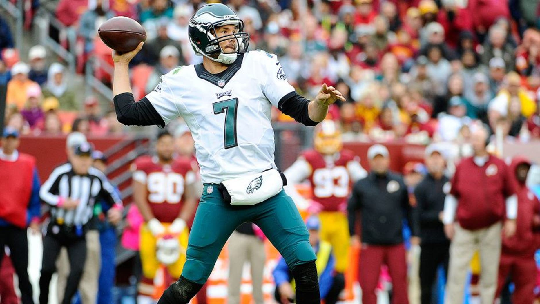Oct 4, 2015; Landover, MD, USA; Philadelphia Eagles quarterback Sam Bradford (7) attempts a pass against the Washington Redskins during the second half at FedEx Field. Washington Redskins won 23 - 20. Mandatory Credit: Brad Mills-USA TODAY Sports