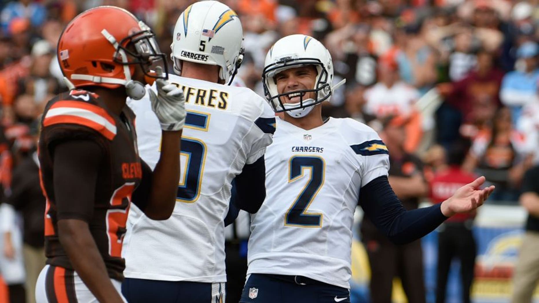 San Diego Chargers kicker Josh Lambo (2) celebrates his NFL football game-winning field goal against the Cleveland Browns during the second half Sunday, Oct. 4, 2015, in San Diego. (AP Photo/Denis Poroy)