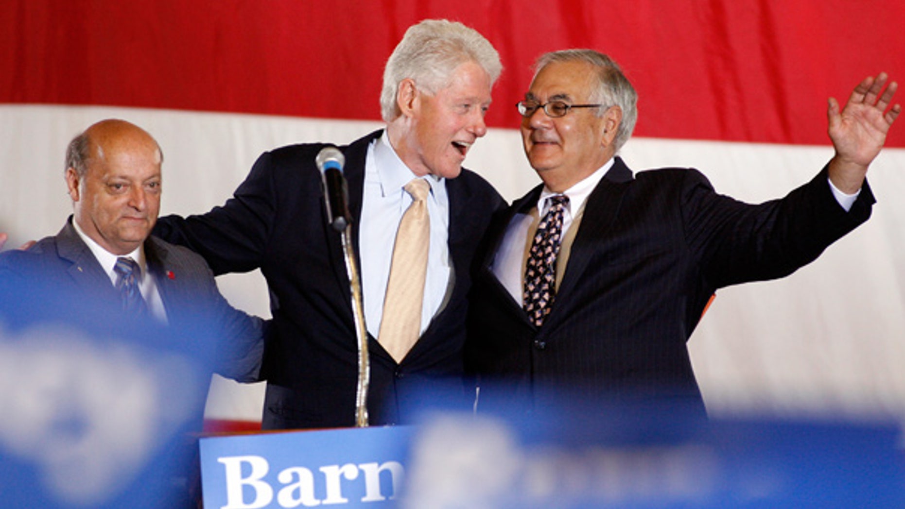 Sept. 26: Taunton, Mass., Mayor Charles Crowley, left, joins Bill Clinton and Barney Frank at a campaign rally.