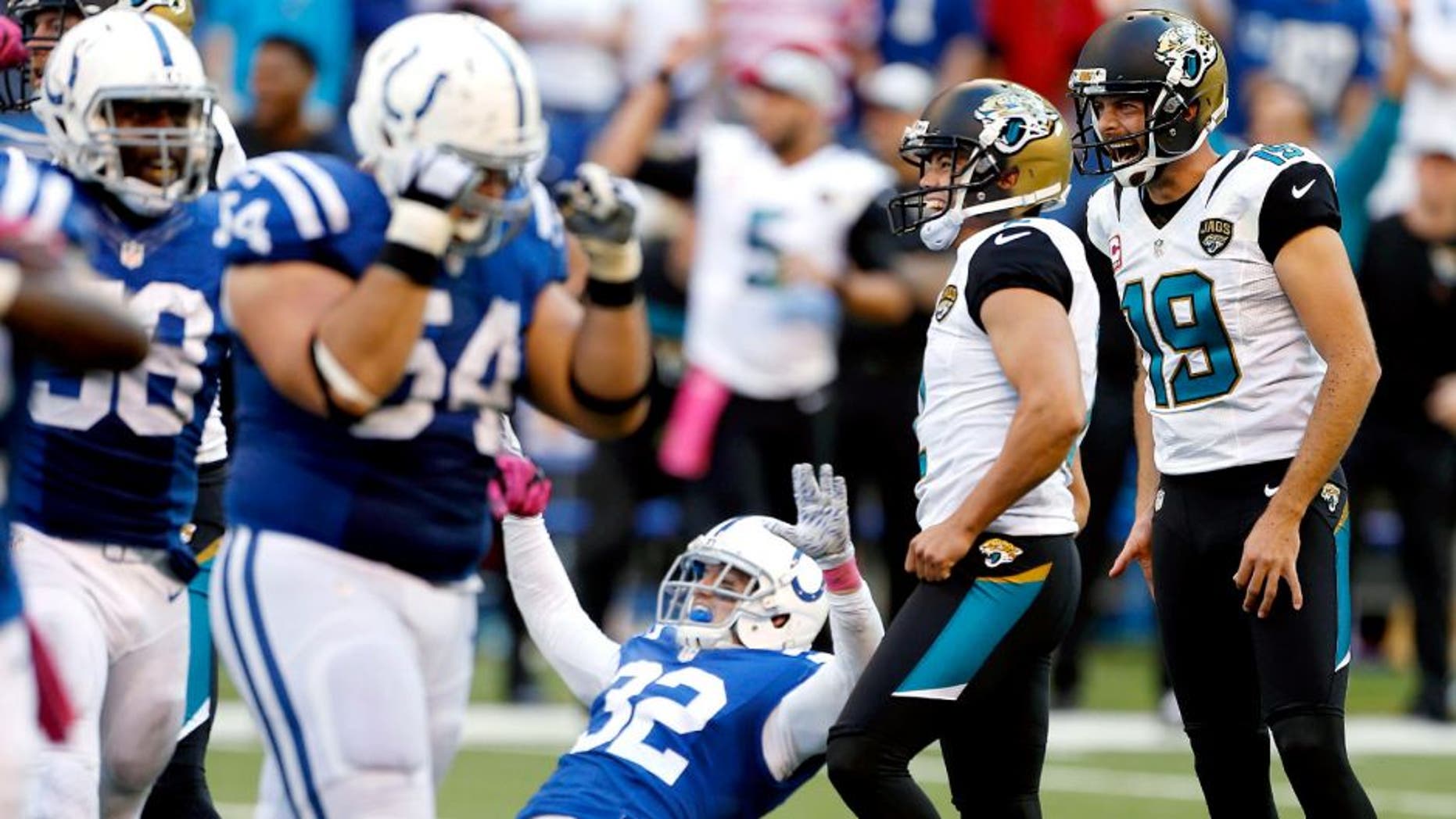 Oct 4, 2015; Indianapolis, IN, USA; Jacksonville Jaguars kicker Jason Myers (2) misses a potential game winning kick at the end of the regulation in the fourth quarter against the Indianapolis Colts at Lucas Oil Stadium. Indianapolis defeats Jacksonville 16-13 in overtime. Mandatory Credit: Brian Spurlock-USA TODAY Sports