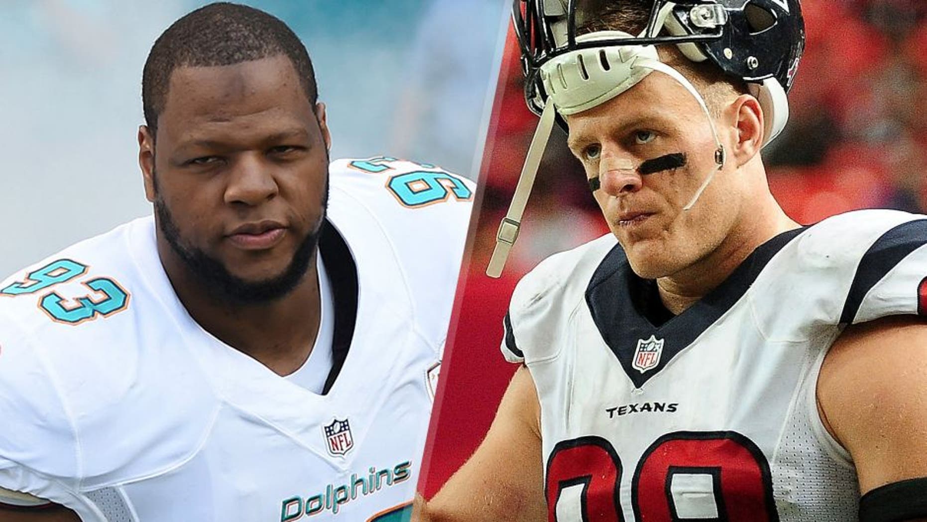 Ndamukong Suh #93 of the Miami Dolphins enters the field before a NFL game against the Buffalo Bills at Sun Life Stadium on September 27, 2015 in Miami Gardens, Florida. (Photo by Ron Elkman/Sports Imagery/Getty Images) J.J. Watt #99 of the Houston Texans stands on the sidelines in the second half against the Atlanta Falcons at the Georgia Dome on October 4, 2015 in Atlanta, Georgia. (Photo by Scott Cunningham/Getty Images)