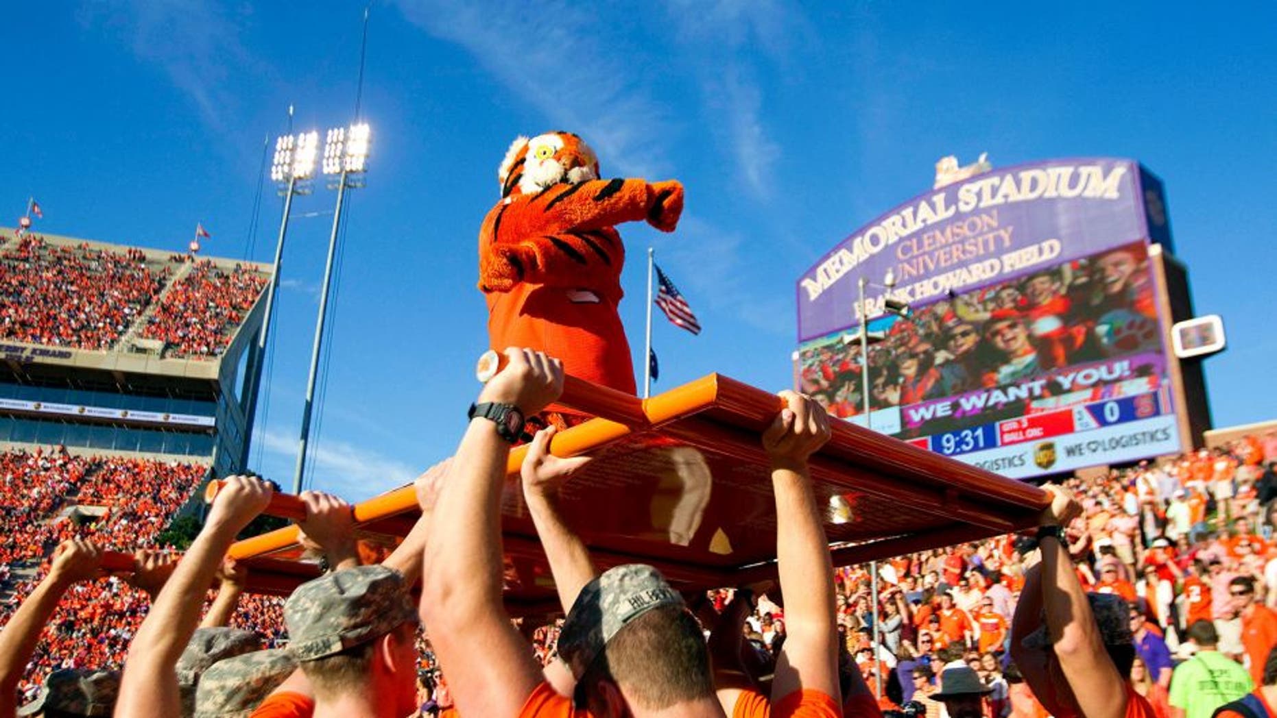 Oct 4, 2014; Clemson, SC, USA; Clemson Tigers mascot during the third quarter against the North Carolina State Wolfpack at Clemson Memorial Stadium. Mandatory Credit: Joshua S. Kelly-USA TODAY Sports