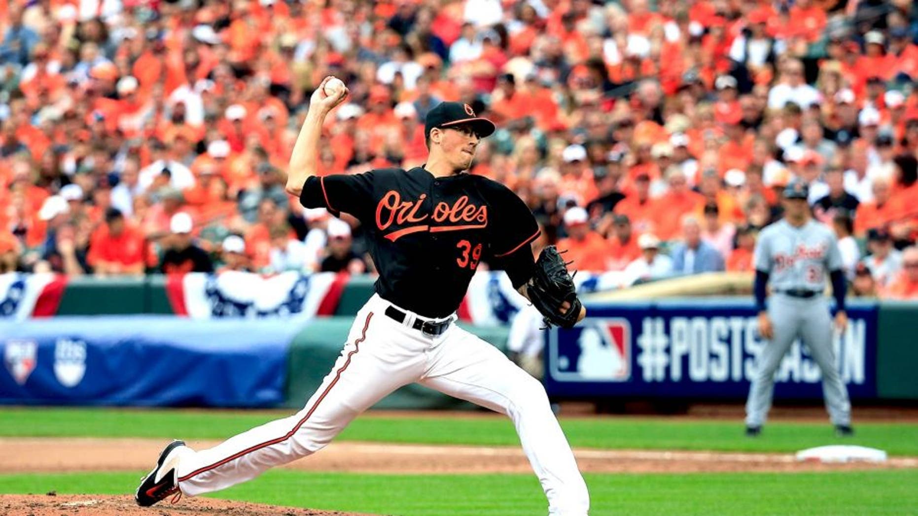 BALTIMORE, MD - OCTOBER 03: Kevin Gausman #39 of the Baltimore Orioles throws a pitch against the Detroit Tigers during Game Two of the American League Division Series at Oriole Park at Camden Yards on October 3, 2014 in Baltimore, Maryland. (Photo by Rob Carr/Getty Images) *** Local Caption *** Kevin Gausman