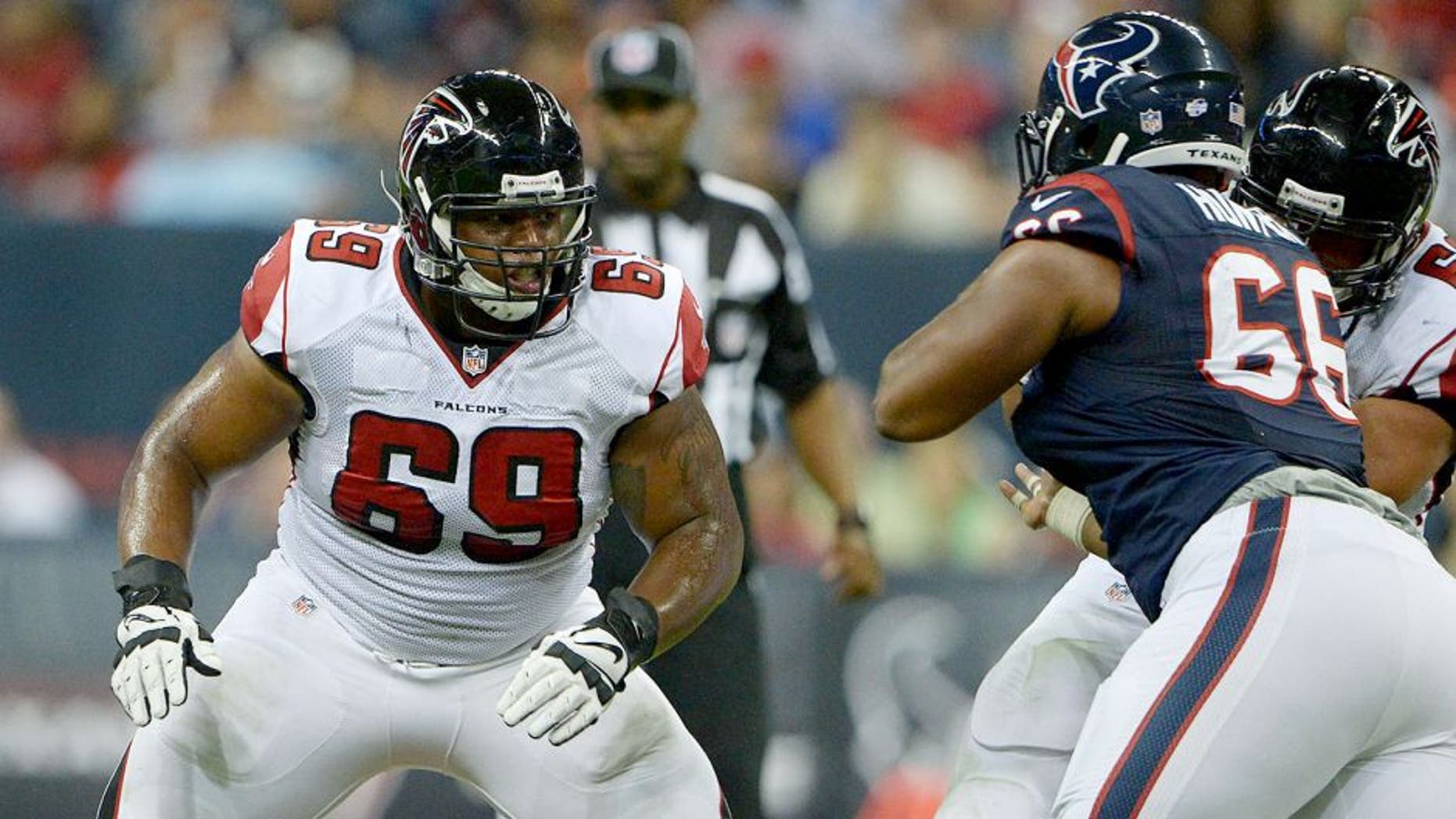Aug 16, 2014; Houston, TX, USA; Atlanta Falcons guard Harland Gunn (69) against the Houston Texans at NRG Stadium. The Texans defeated the Falcons 32-7. Mandatory Credit: Kirby Lee-USA TODAY Sports
