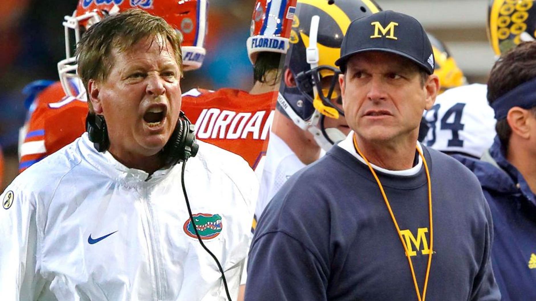 Sep 12, 2015; Gainesville, FL, USA; Florida Gators head coach Jim McElwain reacts against the East Carolina Pirates during the first quarter at Ben Hill Griffin Stadium . Mandatory Credit: Kim Klement-USA TODAY Sports, Oct 3, 2015; College Park, MD, USA; Michigan Wolverines head coach Jim Harbaugh during pregame warm up for the game against the Maryland Terrapins at Byrd Stadium. Mandatory Credit: Mitch Stringer-USA TODAY Sports