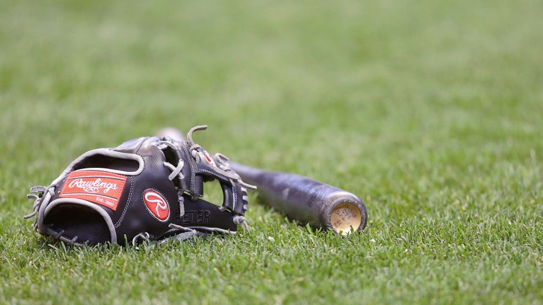 MILWAUKEE, WI - APRIL 25: A St. Louis Cardinals Rawling glove and bat on the grass before the game against the Milwaukee Brewers at Miller Park on April 25, 2015 in Milwaukee, Wisconsin. (Photo by Mike McGinnis/Getty Images)