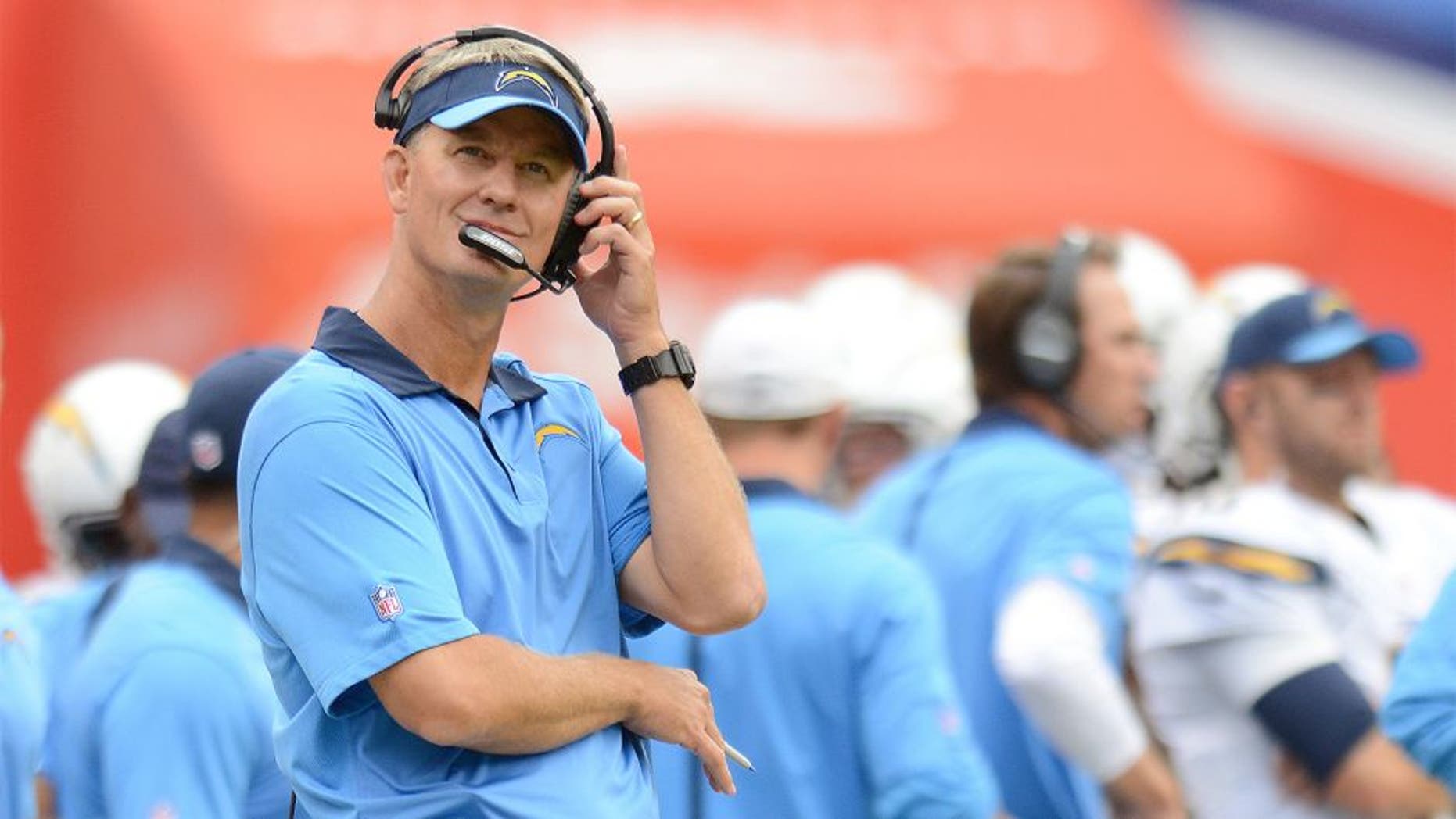 Oct 4, 2015; San Diego, CA, USA; San Diego Chargers head coach Mike McCoy looks on during the second quarter against the Cleveland Browns at Qualcomm Stadium. Mandatory Credit: Jake Roth-USA TODAY Sports