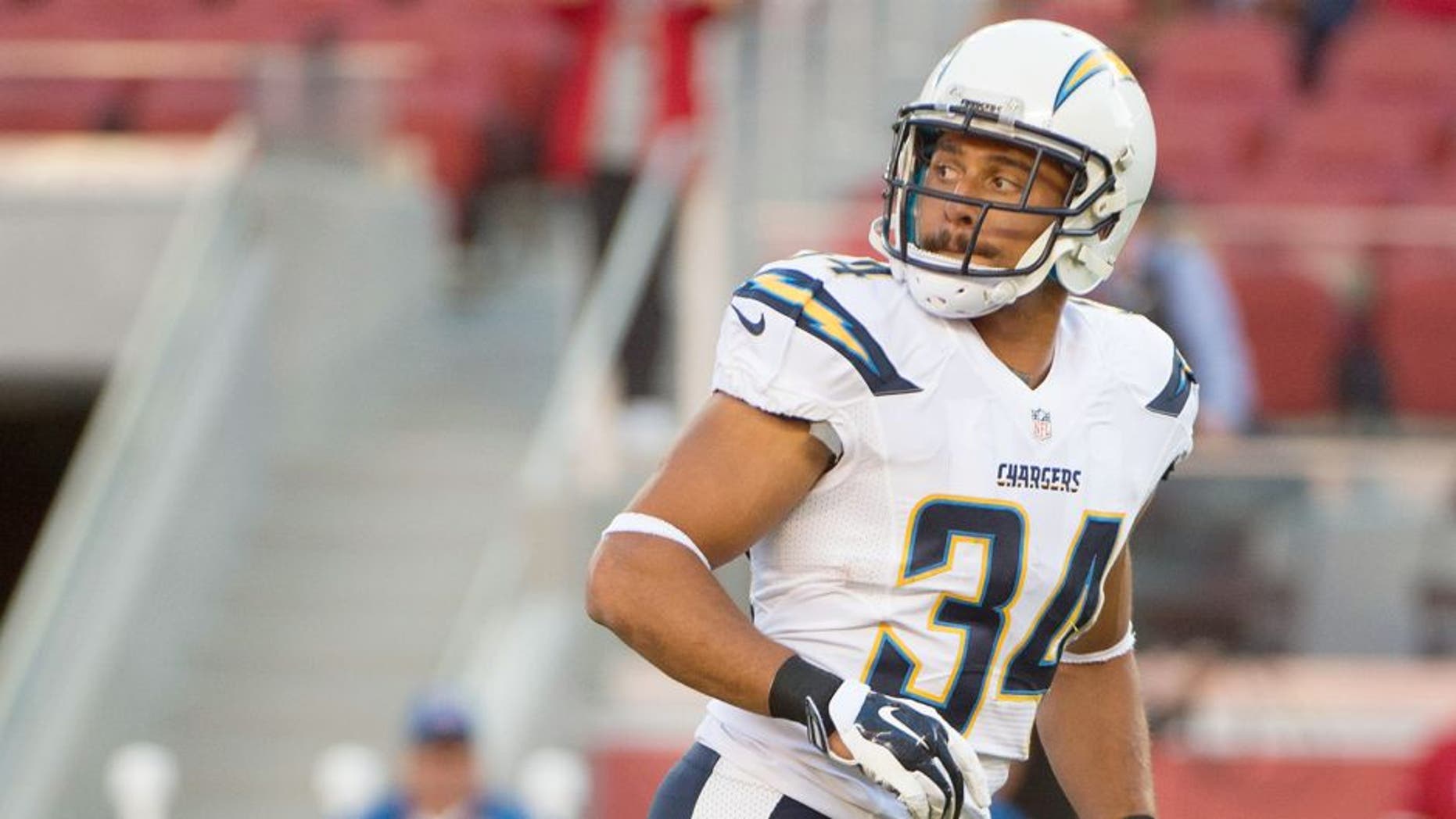 September 3, 2015; Santa Clara, CA, USA; San Diego Chargers running back Donald Brown (34) warms up before a preseason game against the San Francisco 49ers at Levi's Stadium. The 49ers defeated the Chargers 14-12. Mandatory Credit: Kyle Terada-USA TODAY Sports