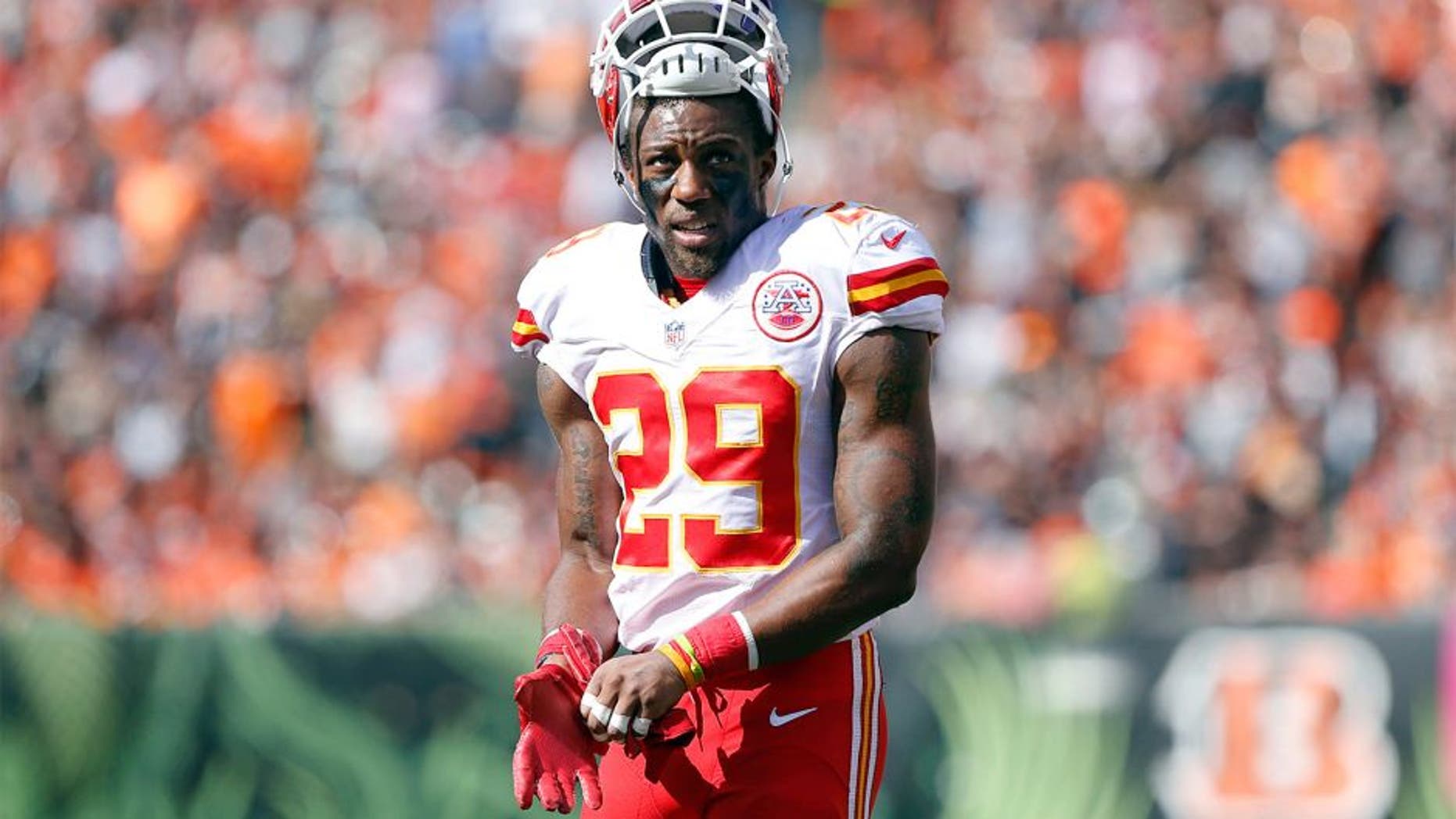 Oct 4, 2015; Cincinnati, OH, USA; Kansas City Chiefs free safety Eric Berry (29) looks on during a stop in play against the Cincinnati Bengals at Paul Brown Stadium. The Bengals won 36-21. Mandatory Credit: Aaron Doster-USA TODAY Sports