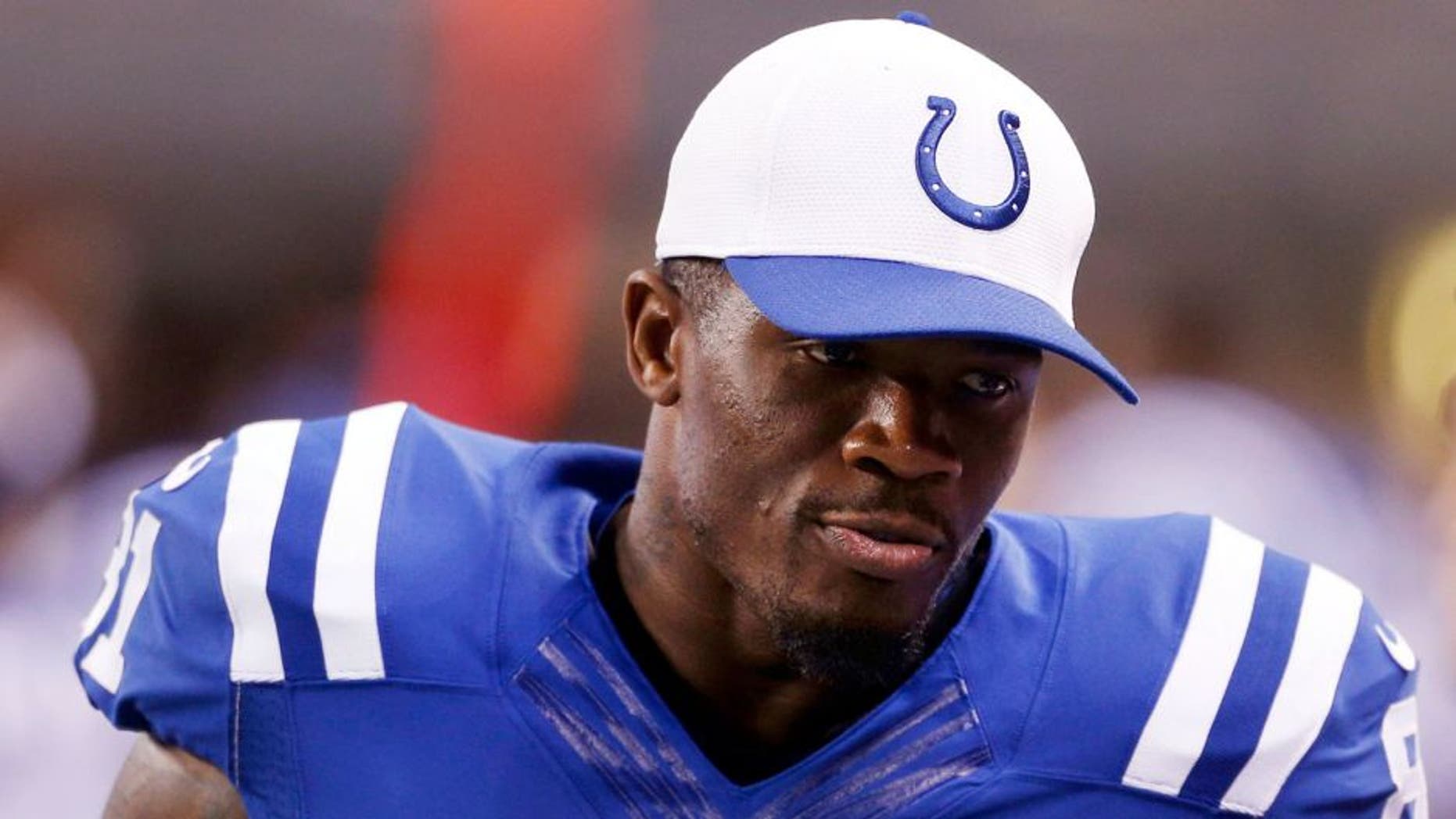 Sep 3, 2015; Indianapolis, IN, USA; Indianapolis Colts wide receiver Andre Johnson (81) watches from the bench during a game against the Cincinnati Bengals at Lucas Oil Stadium. Mandatory Credit: Brian Spurlock-USA TODAY Sports