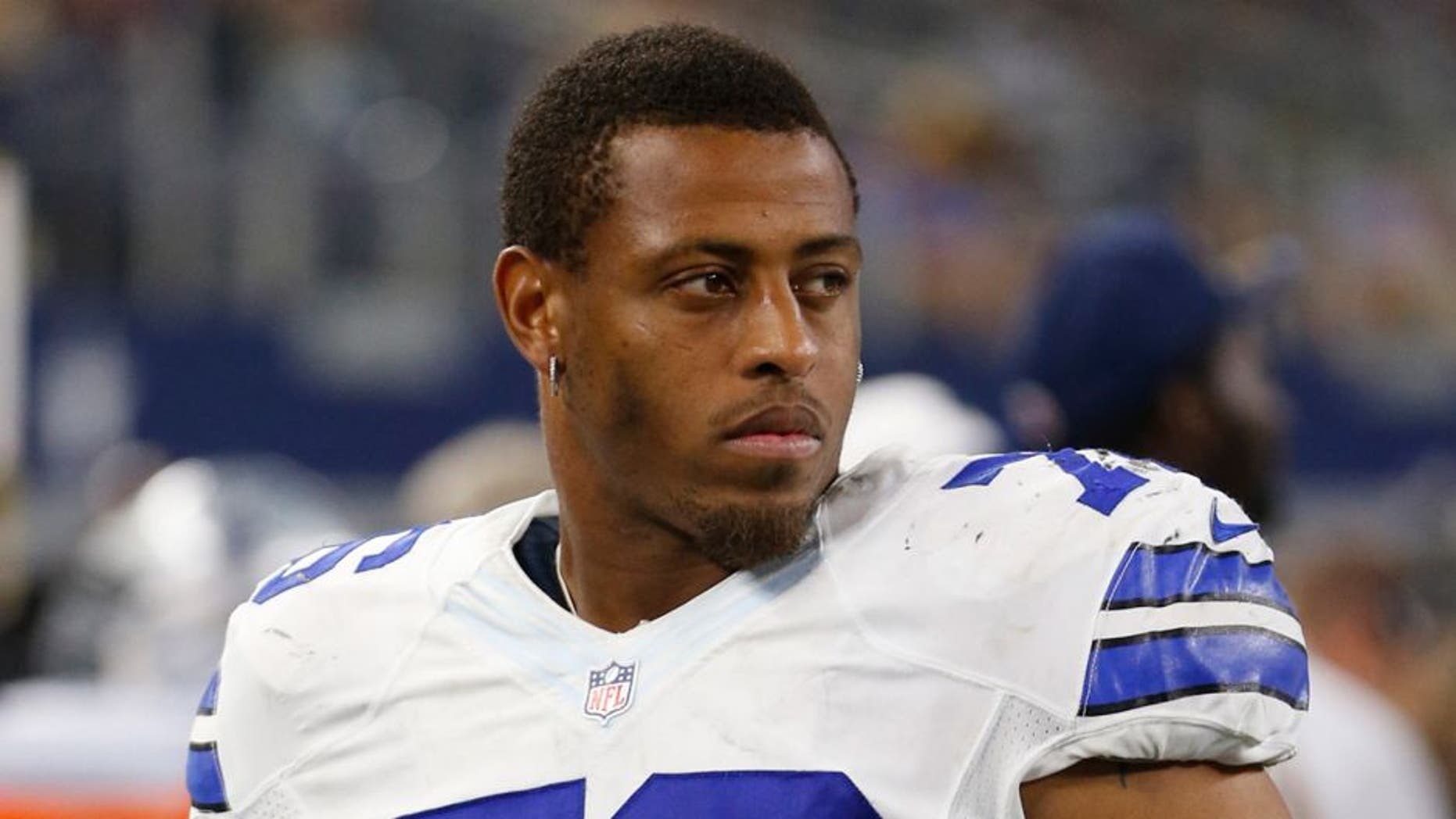 Aug 29, 2015; Arlington, TX, USA; Dallas Cowboys defensive end Greg Hardy (76) on the sidelines during the game against the Minnesota Vikings at AT&T Stadium. Minnesota won 28-14. Mandatory Credit: Tim Heitman-USA TODAY Sports