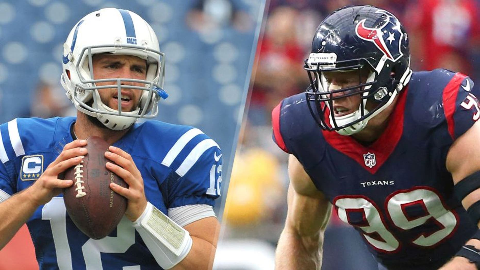 Sep 27, 2015; Nashville, TN, USA; Indianapolis Colts quarterback Andrew Luck (12) during warm ups prior to the game against the Tennessee Titans at Nissan Stadium. Mandatory Credit: Jim Brown-USA TODAY Sports Sep 27, 2015; Houston, TX, USA; Houston Texans defensive end J.J. Watt (99) against the Tampa Bay Buccaneers at NRG Stadium. Mandatory Credit: Kevin Jairaj-USA TODAY Sports