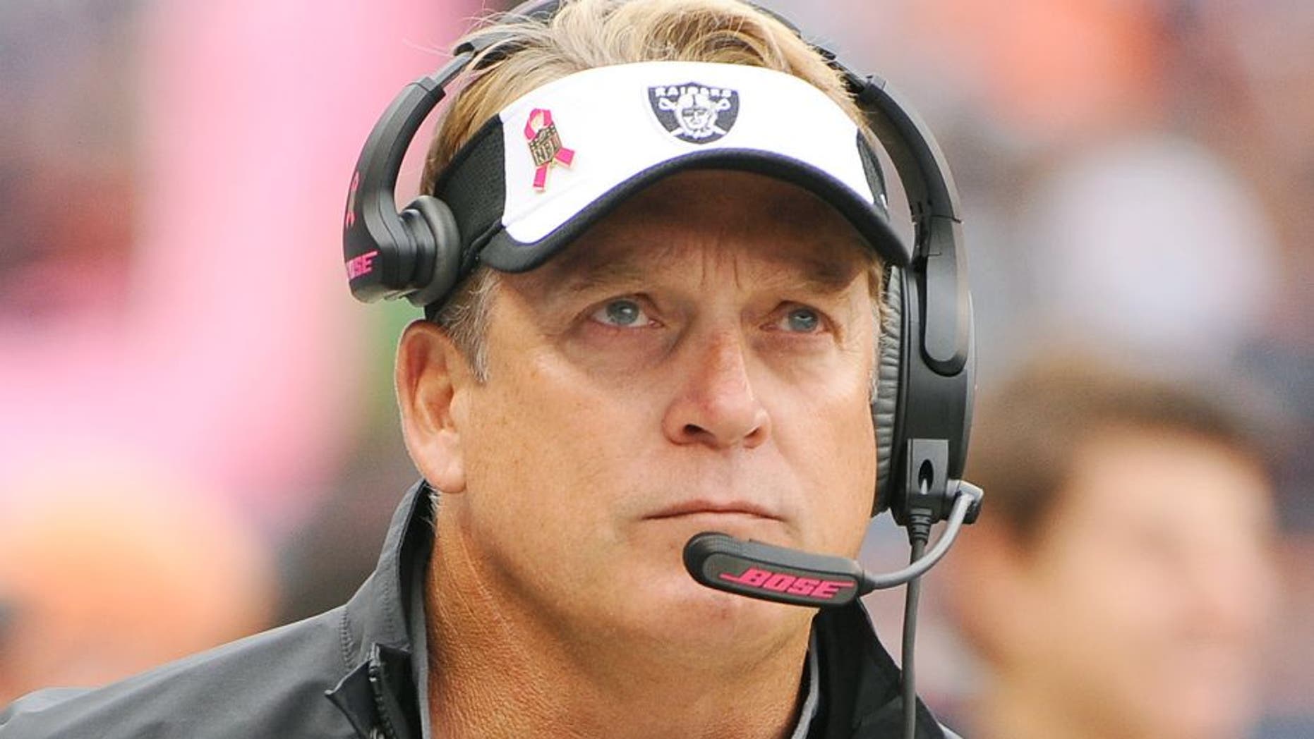 Oct 4, 2015; Chicago, IL, USA; Oakland Raiders head coach Jack Del Rio during the first quarter against the Chicago Bears at Soldier Field. Mandatory Credit: Matt Marton-USA TODAY Sports