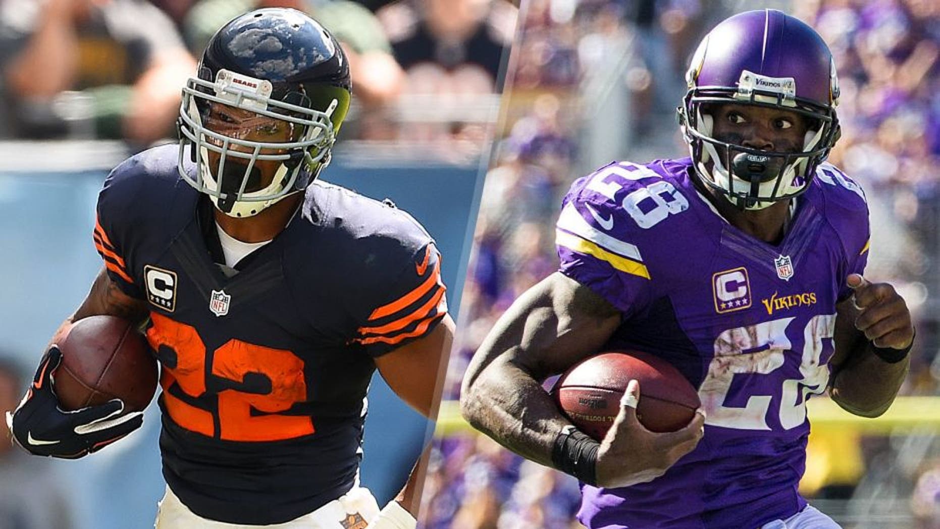 Chicago Bears running back Matt Forte (22) rushes the ball against the Green Bay Packers during the second quarter at Soldier Field. Mandatory Credit: Mike DiNovo-USA TODAY Sports Minnesota Vikings running back Adrian Peterson (28) carries the ball during the third quarter against the San Diego Chargers at TCF Bank Stadium. The Vikings defeated the Chargers 31-14. Mandatory Credit: Brace Hemmelgarn-USA TODAY Sports