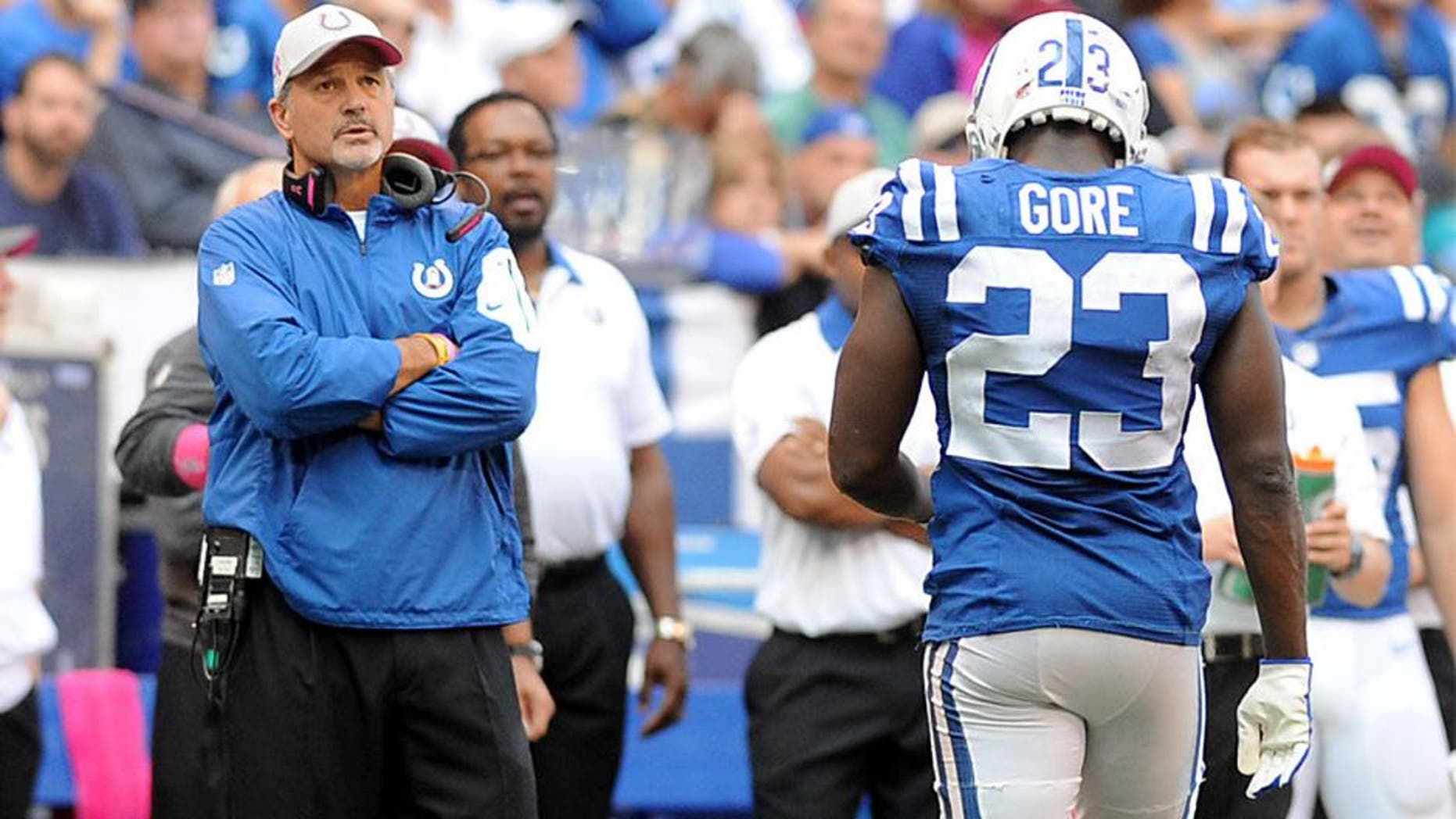 Oct 4, 2015; Indianapolis, IN, USA; Indianapolis head coach Chuck Pagano looks on as Colts running back Frank Gore (23) fumbled close to the goal line in the closing minutes of their game against the Jacksonville Jaguars at Lucas Oil Stadium. Mandatory Credit: Thomas J. Russo-USA TODAY Sports