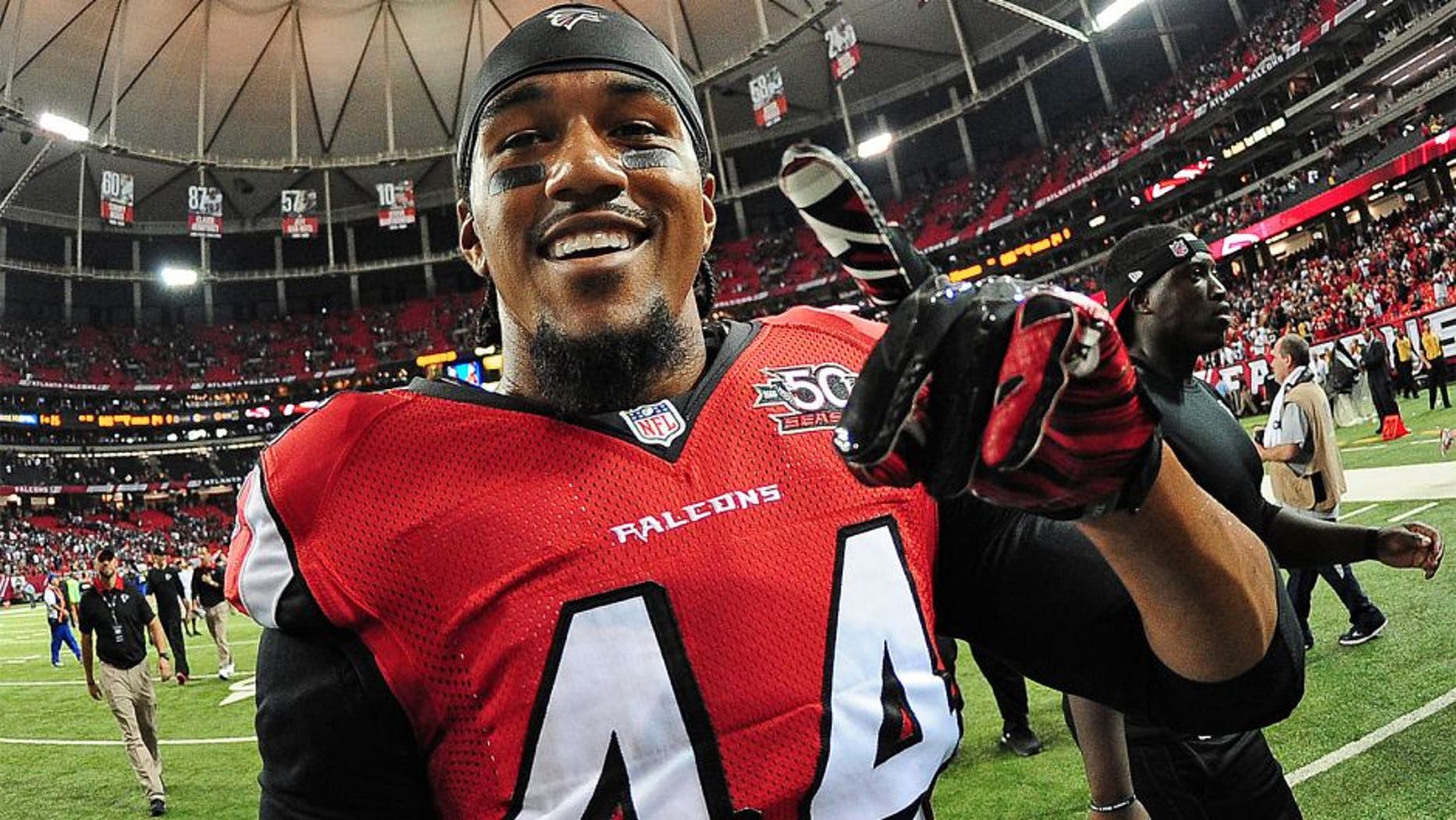 ATLANTA, GA - SEPTEMBER 14: Vic Beasley, Jr. #44 of the Atlanta Falcons celebrates after the game against the Philadelphia Eagles at the Georgia Dome on September 14, 2015 in Atlanta, Georgia. (Photo by Scott Cunningham/Getty Images)