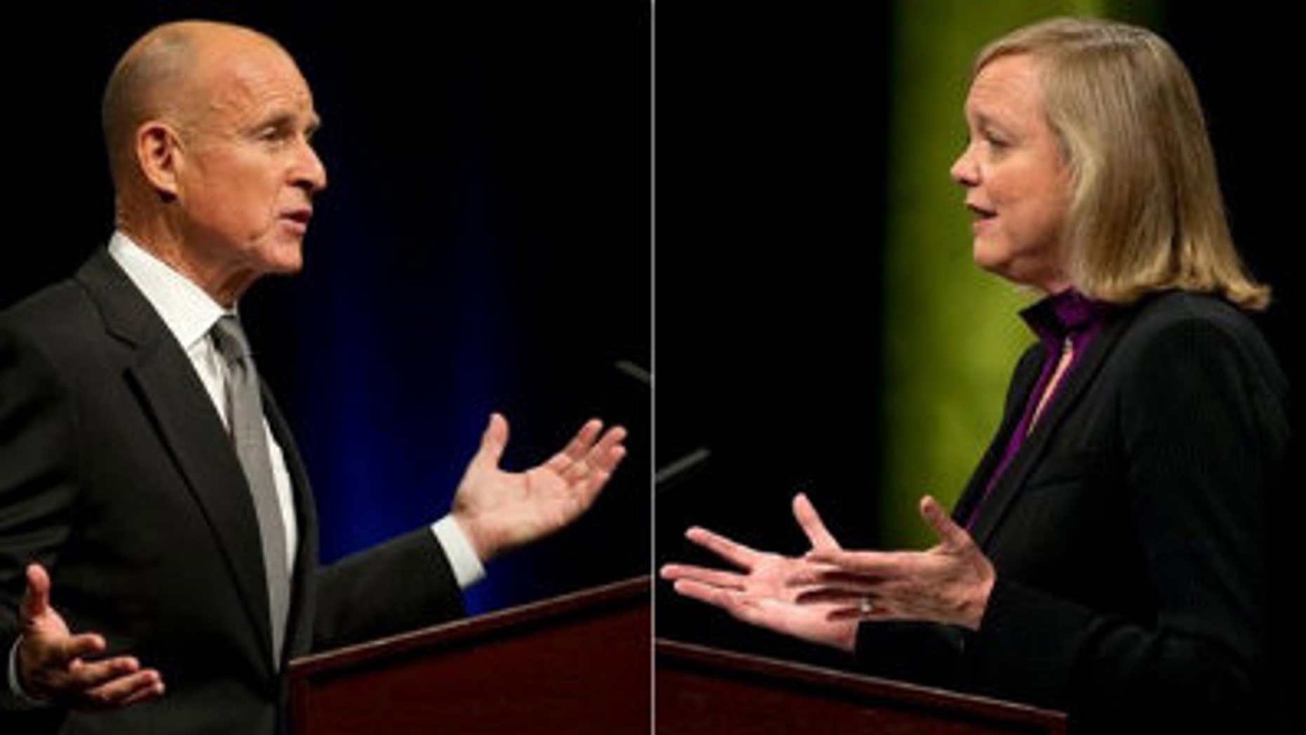 FILE: Democratic gubernatorial candidate Jerry Brown debates Republican Meg Whitman at the University of California at Davis on Sept. 28, 2010.