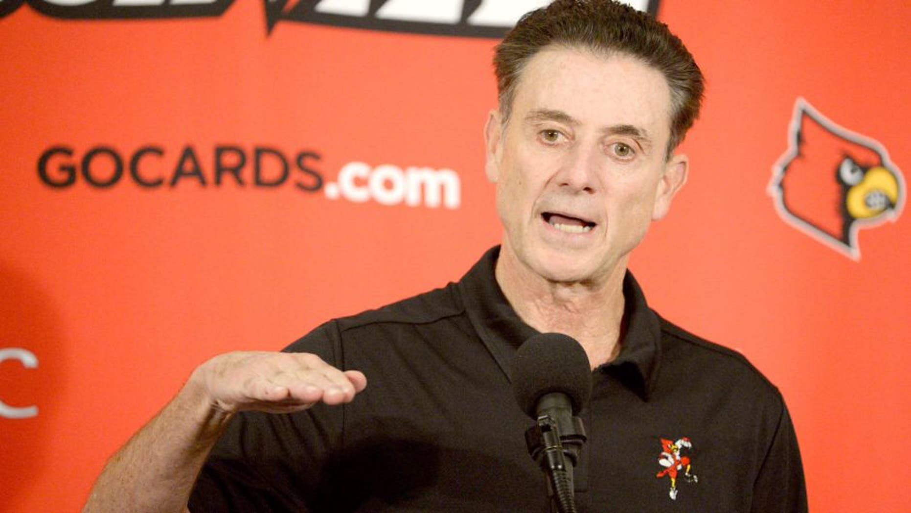 Oct 3, 2015; Louisville, KY, USA; Louisville Cardinals head coach Rick Pitino talks to the media following a scrimmage at KFC YUM! Center. Mandatory Credit: Jamie Rhodes-USA TODAY Sports
