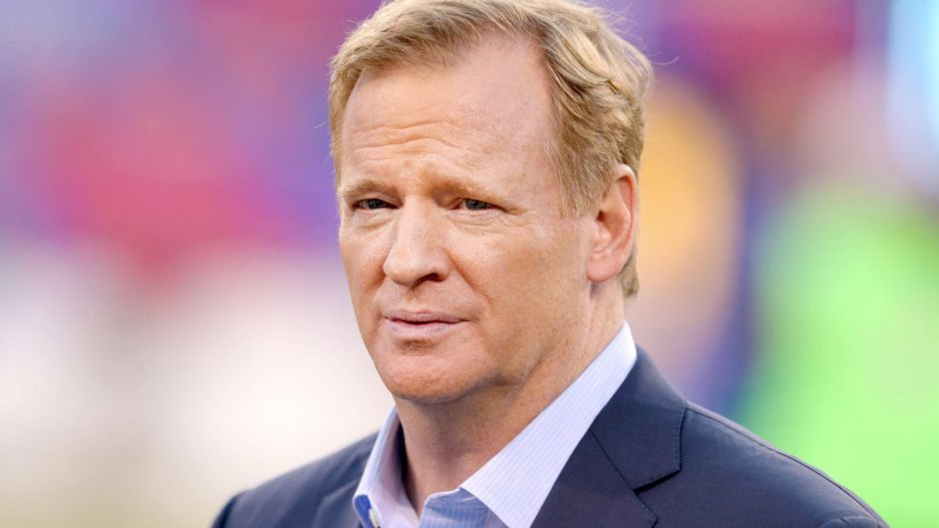 Sep 24, 2015; East Rutherford, NJ, USA; NFL commissioner Roger Goodell on the field before a game between the New York Giants and the Washington Redskins at MetLife Stadium. Mandatory Credit: Brad Penner-USA TODAY Sports