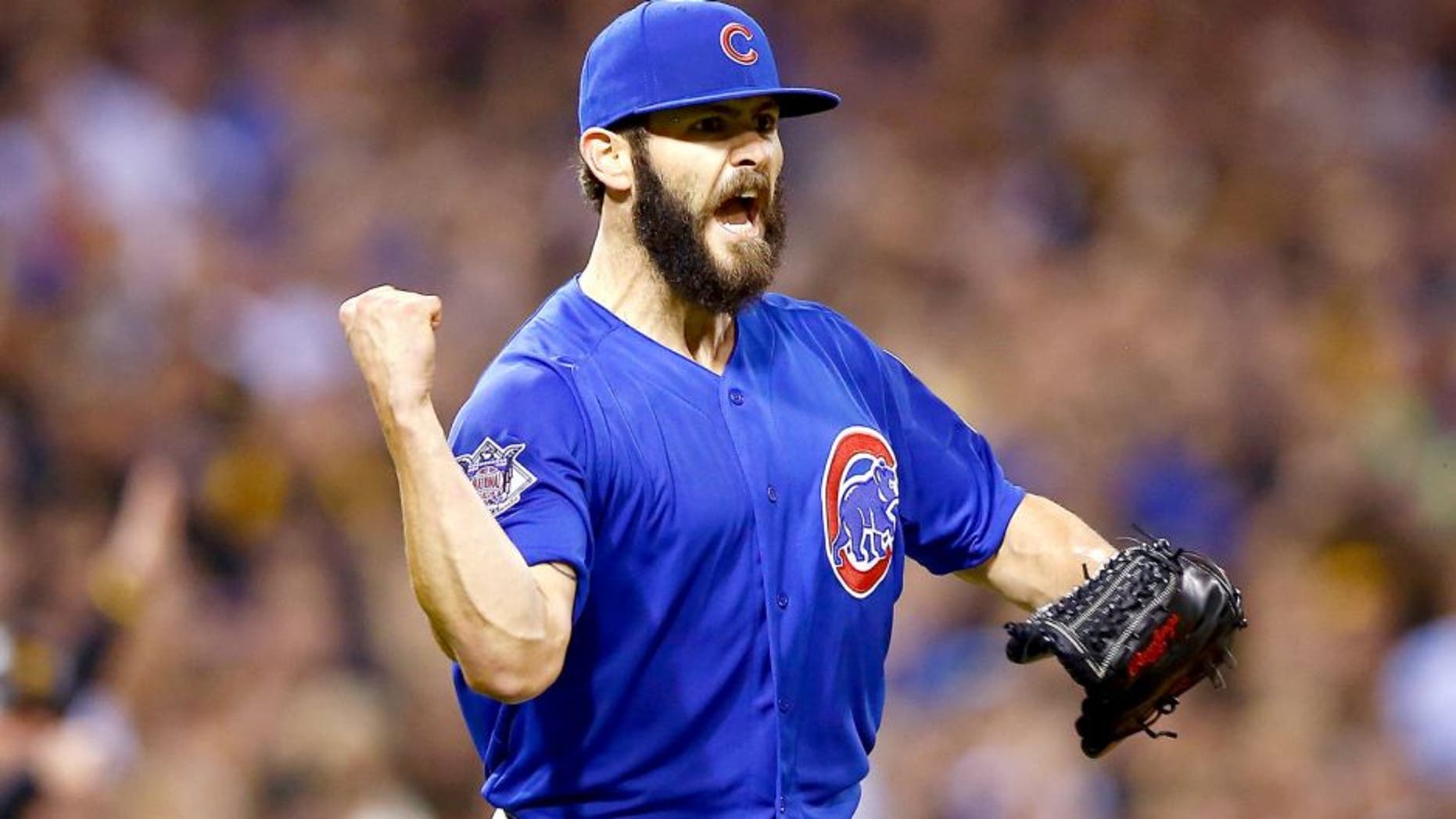 PITTSBURGH, PA - OCTOBER 07: Jake Arrieta #49 of the Chicago Cubs reacts after a double play to end the sixth inning with the bases loaded during the National League Wild Card game against the Pittsburgh Pirates at PNC Park on October 7, 2015 in Pittsburgh, Pennsylvania. (Photo by Jared Wickerham/Getty Images)
