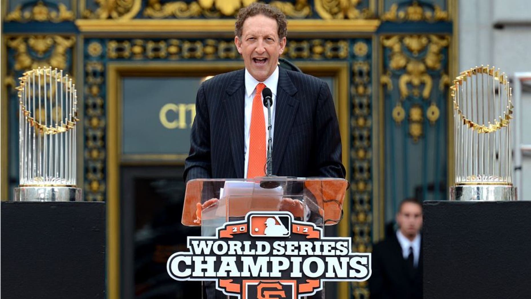 SAN FRANCISCO, CA - OCTOBER 31: San Francisco Giants President and CEO Larry Baer speaks to the San Francisco Giants fans during the Giants' victory parade and celebration on October 31, 2012 in San Francisco, California. The Giants celebrated their 2012 World Series victory over the Detroit Tigers. (Photo by Thearon W. Henderson/Getty Images)