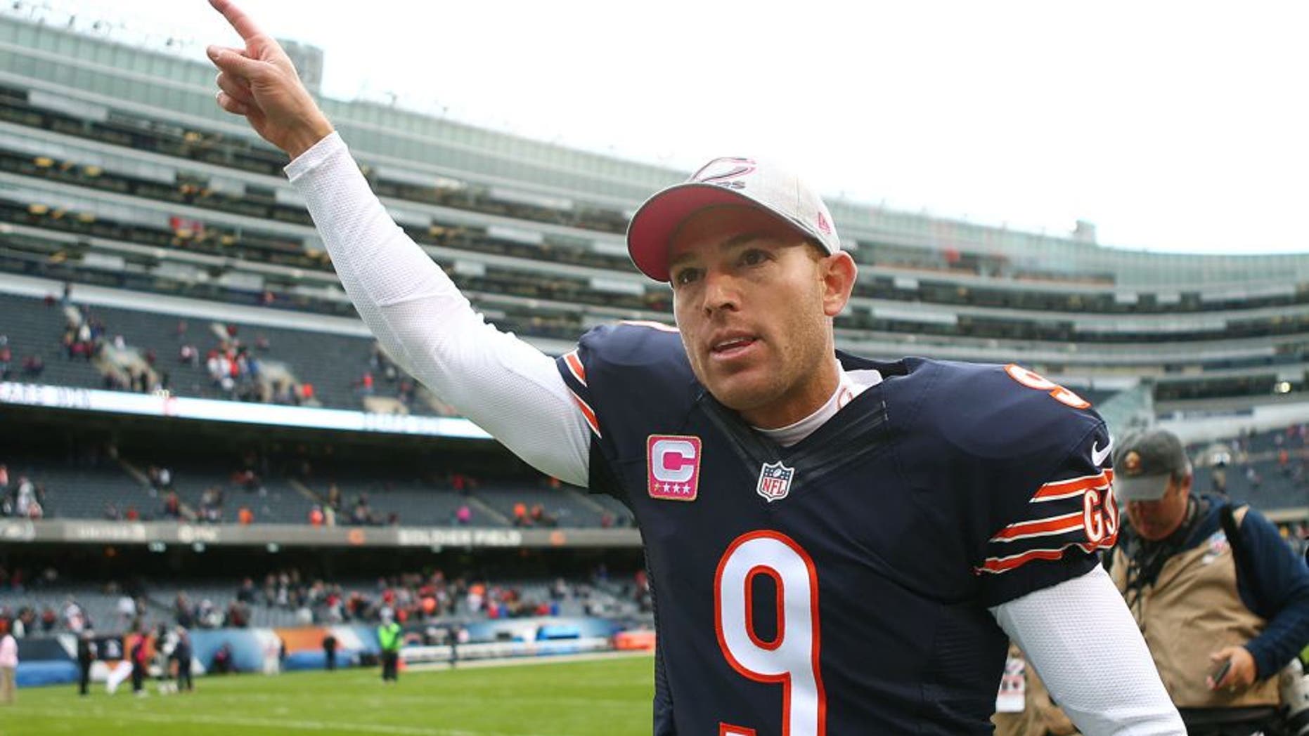 Oct 4, 2015; Chicago, IL, USA; Chicago Bears kicker Robbie Gould (9) runs off the field after the game against the Oakland Raiders at Soldier Field. Mandatory Credit: Jerry Lai-USA TODAY Sports