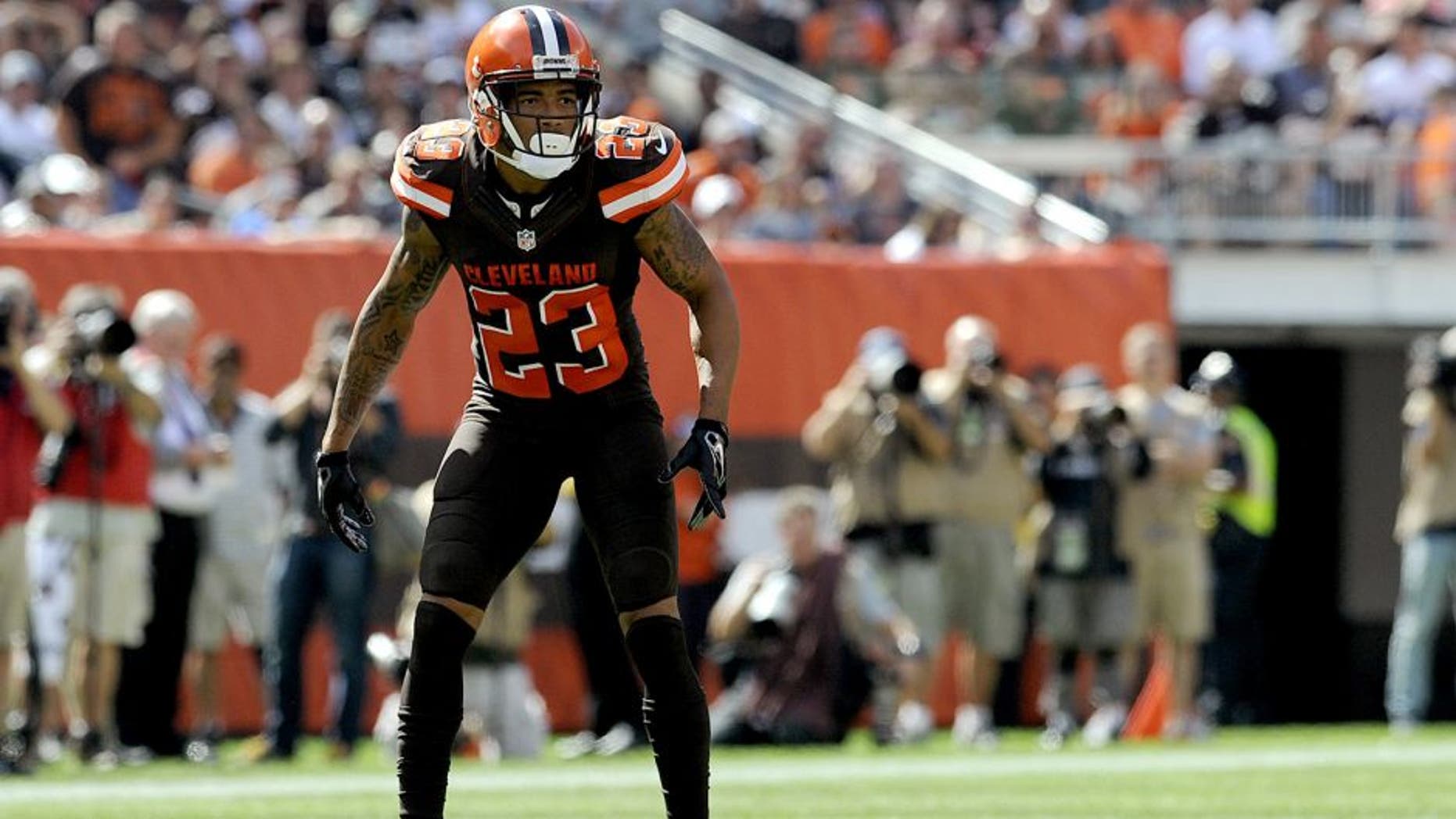 CLEVELAND, OH - SEPTEMBER 27, 2015: Cornerback Joe Haden #23 of the Cleveland Browns stands and looks toward the offense during a game against the Oakland Raiders on September 27, 2015 at FirstEnergy Stadium in Cleveland, Ohio. Oakland won 27-20. (Photo by Nick Cammett/Diamond Images/Getty Images)