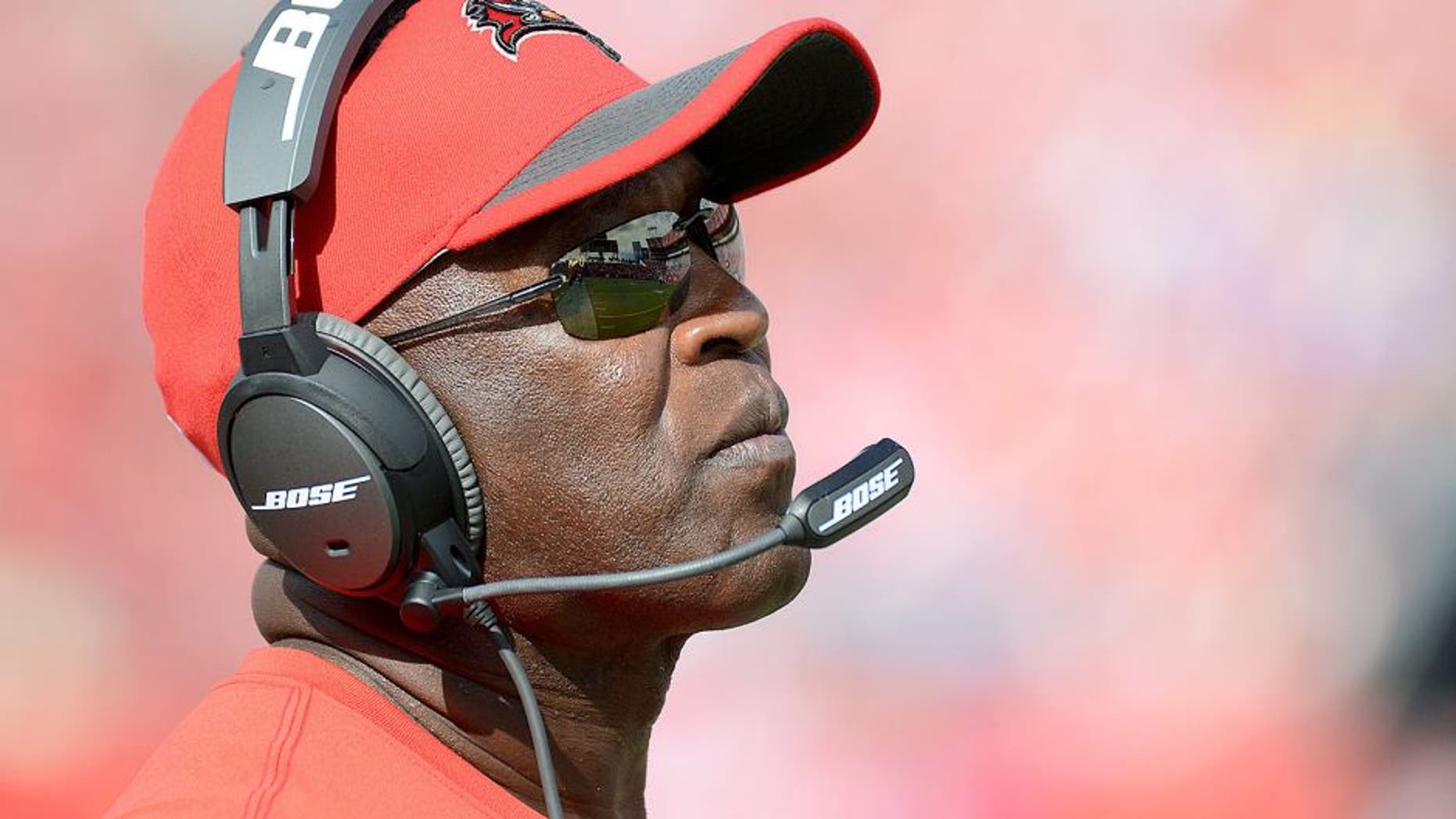 Oct 4, 2015; Tampa, FL, USA; Tampa Bay Buccaneers head coach Lovie Smith looks on in the second half against the Carolina Panthers at Raymond James Stadium. The Carolina Panthers defeated the Tampa Bay Buccaneers 37-23. Mandatory Credit: Jonathan Dyer-USA TODAY Sports