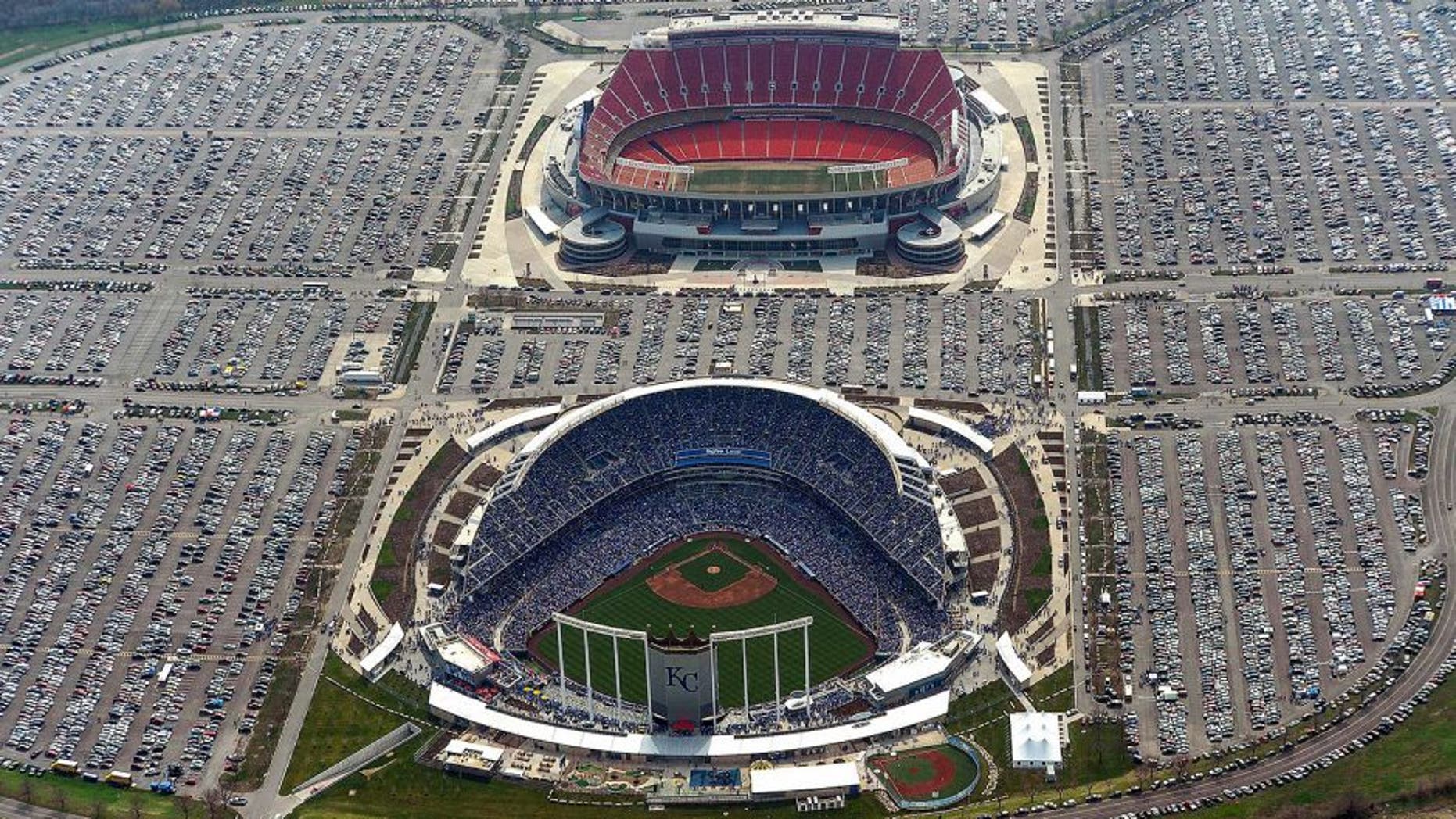 April 08, 2013; Kansas City, MO, USA; A general aerial view during the opening day game between the Minnesota Twins and the Kansas City Royals at Kauffman Stadium. Also pictured is Arrowhead Stadium. Mandatory Credit: Denny Medley-USA TODAY Sports
