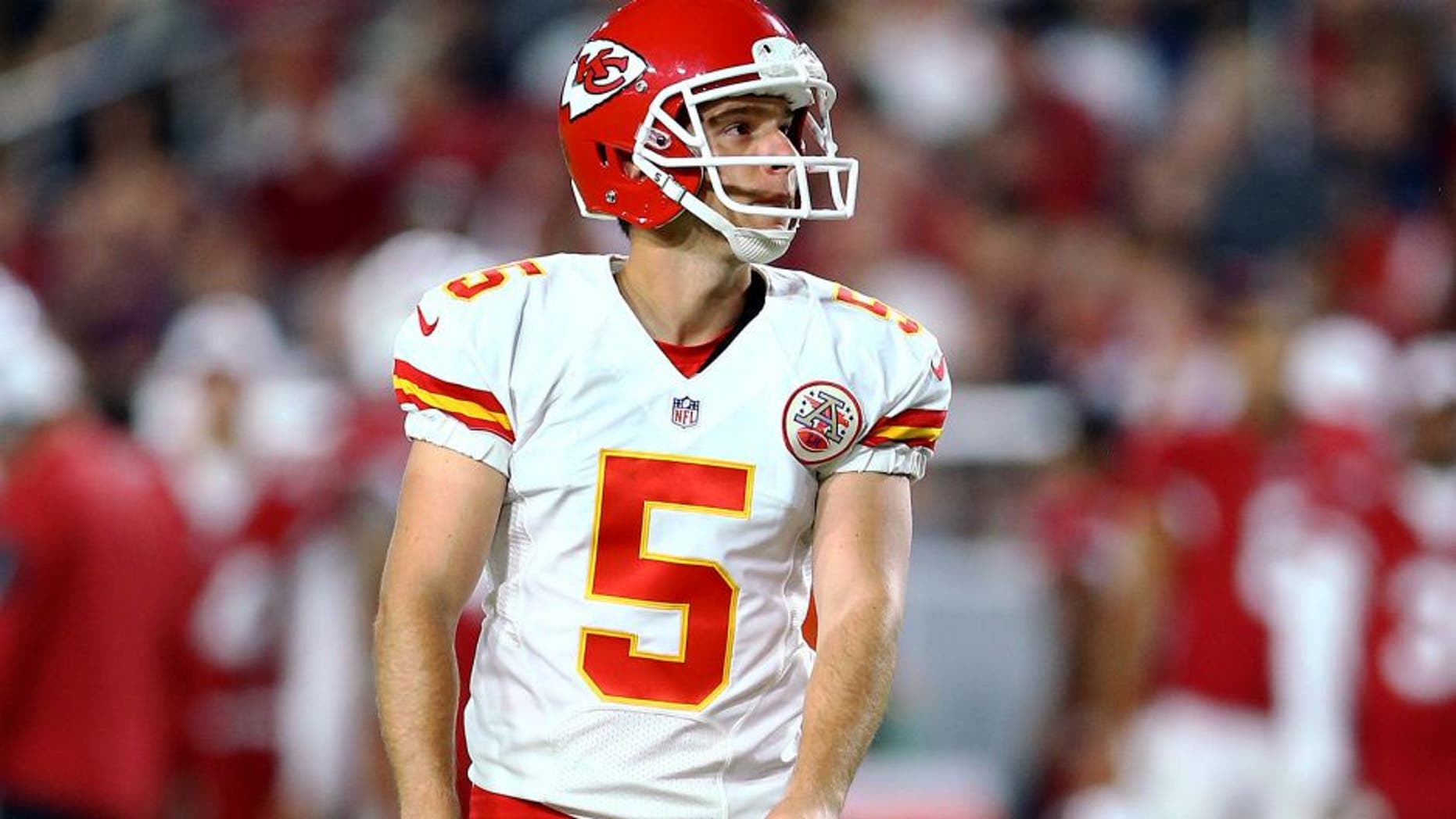 Aug 15, 2015; Glendale, AZ, USA; Kansas City Chiefs kicker Cairo Santos (5) against the Arizona Cardinals during a preseason NFL football game at University of Phoenix Stadium. Mandatory Credit: Mark J. Rebilas-USA TODAY Sports