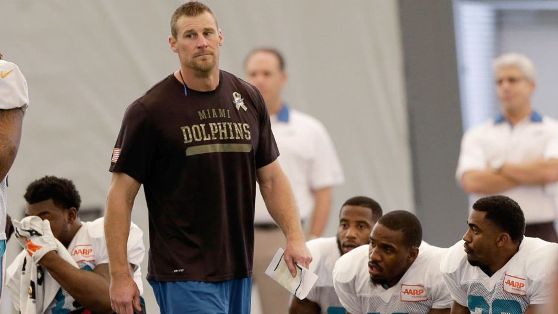 Miami Dolphins interim coach Dan Campbell walks on the field during NFL football practice in Davie, Fla., Wednesday, Oct. 7, 2015. (AP Photo/Alan Diaz)