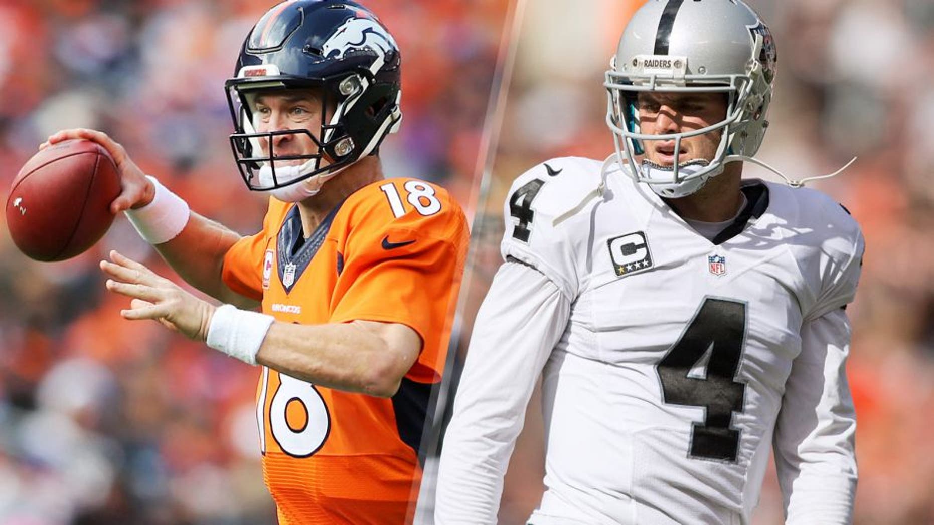 Oct 4, 2015; Denver, CO, USA; Denver Broncos quarterback Peyton Manning (18) looks to pass the ball during the first half against the Minnesota Vikings at Sports Authority Field at Mile High. Mandatory Credit: Chris Humphreys-USA TODAY Sports Sep 27, 2015; Cleveland, OH, USA; Oakland Raiders quarterback Derek Carr (4) during the third quarter against the Cleveland Browns at FirstEnergy Stadium. Mandatory Credit: Scott R. Galvin-USA TODAY Sports