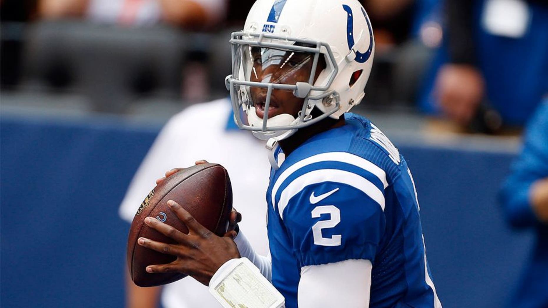 Oct 4, 2015; Indianapolis, IN, USA; Indianapolis Colts quarterback Josh Johnson (2) warms up before the game against the Jacksonville Jaguars at Lucas Oil Stadium. Mandatory Credit: Brian Spurlock-USA TODAY Sports