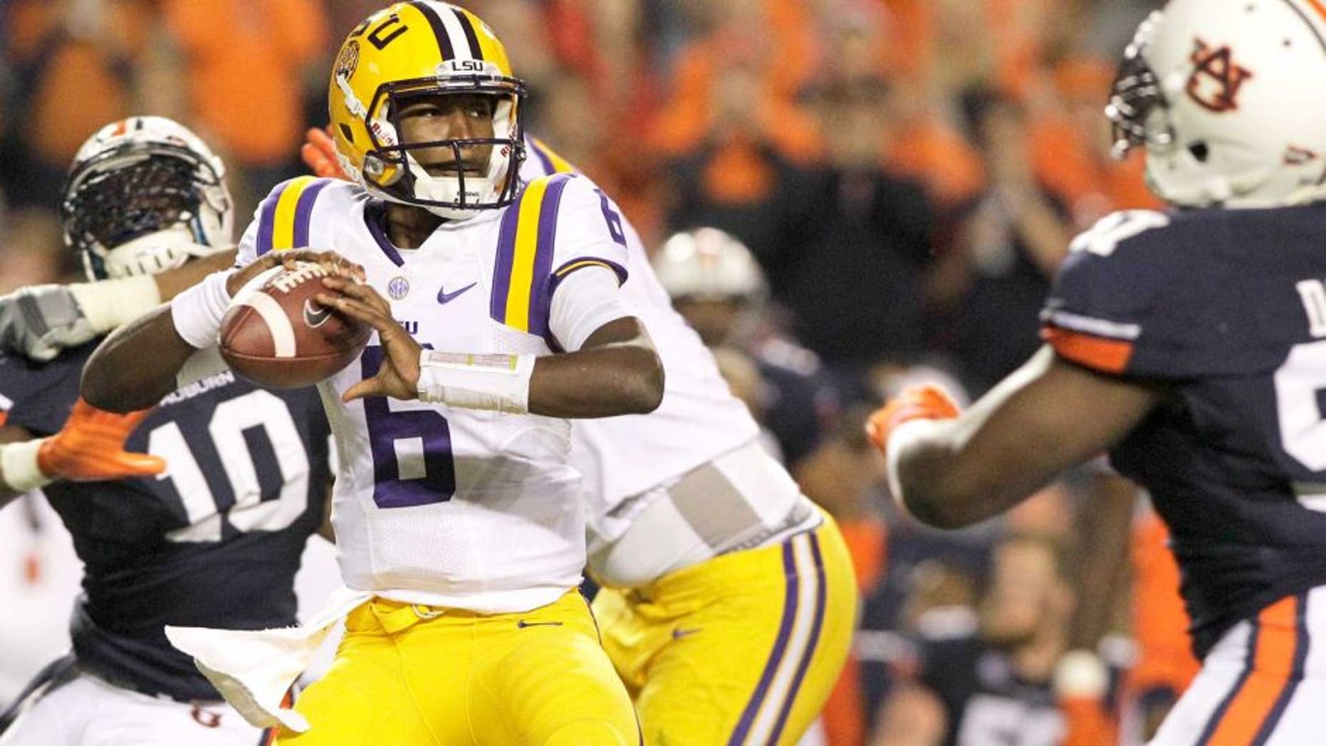 Oct 4, 2014; Auburn, AL, USA; LSU Tigers quarterback Brandon Harris (6) looks for a receiver during the first half against the Auburn Tigers at Jordan Hare Stadium. Mandatory Credit: John Reed-USA TODAY Sports