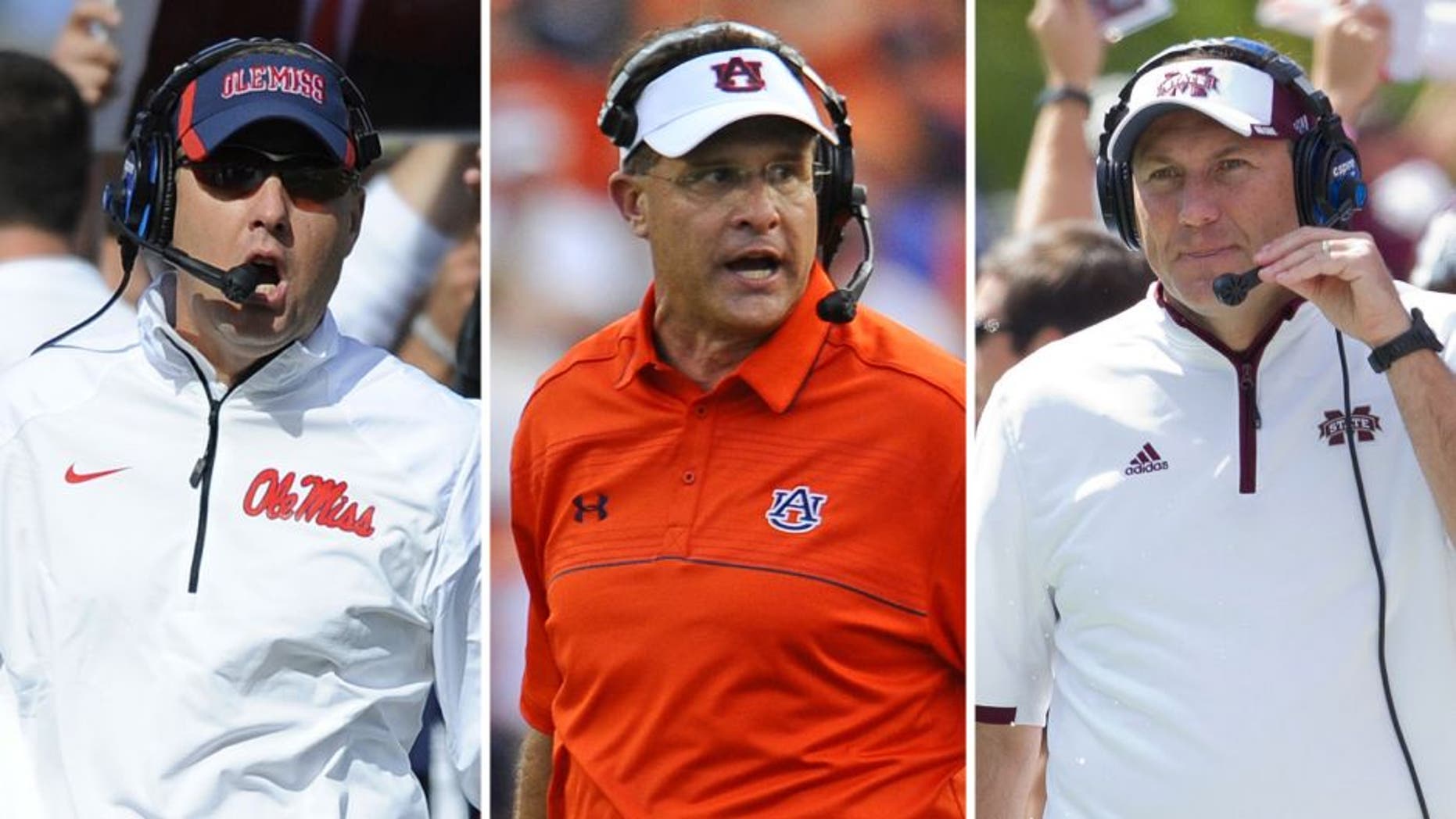 Oct 4, 2014; Oxford, MS, USA; Mississippi Rebels head coach Hugh Freeze during the first half against Alabama Crimson Tide at Vaught-Hemingway Stadium. Mandatory Credit: Christopher Hanewinckel-USA TODAY Sports Aug 30, 2014; Auburn, AL, USA; Auburn Tigers head coach Gus Malzahn reacts during the second half against the Arkansas Razorbacks at Jordan Hare Stadium. Mandatory Credit: Shanna Lockwood-USA TODAY Sports Oct 4, 2014; Starkville, MS, USA; Mississippi State Bulldogs head coach Dan Mullen during the game against the Texas A&M Aggies at Davis Wade Stadium. Mandatory Credit: Marvin Gentry-USA TODAY Sports