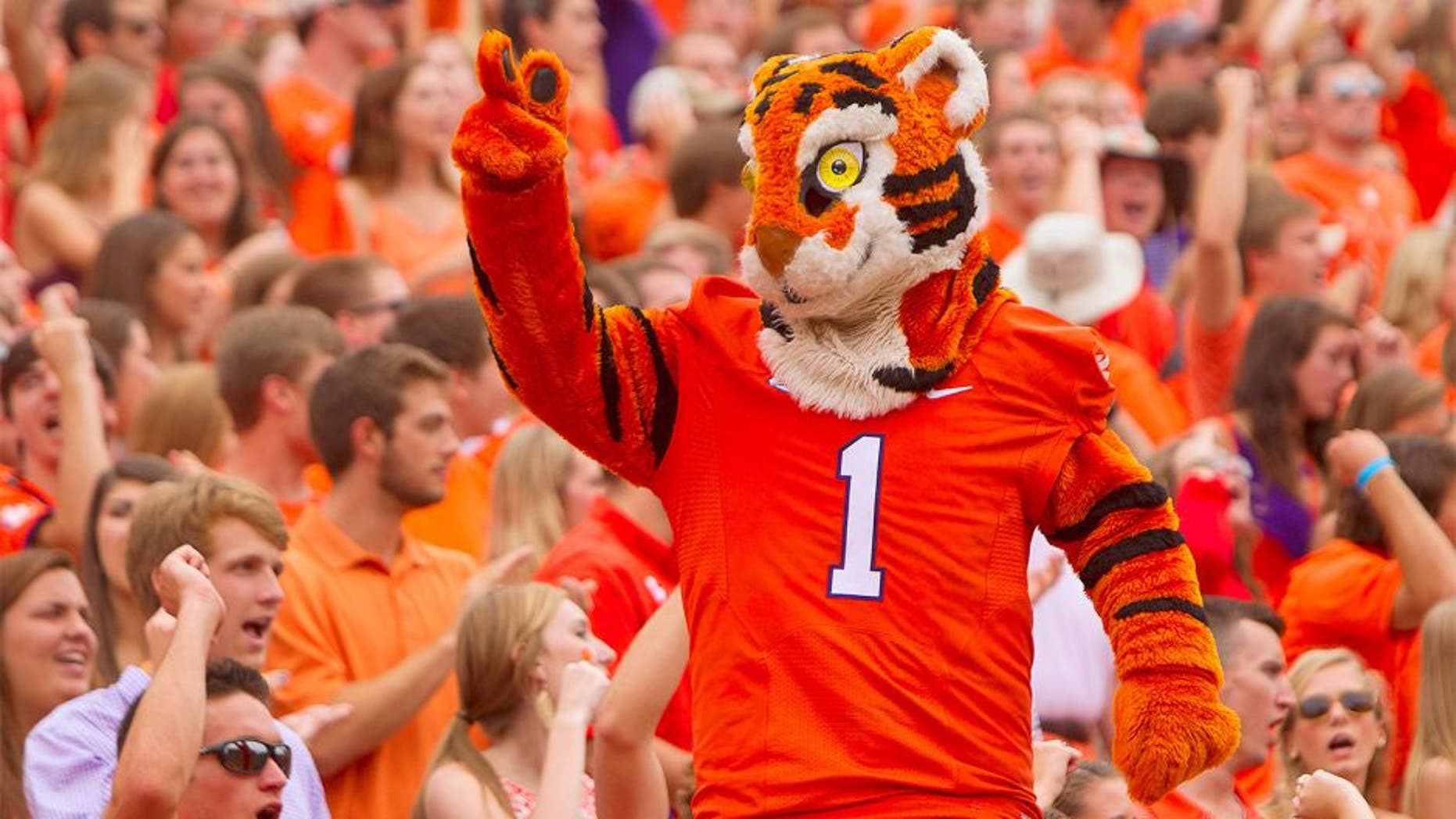 Sep 12, 2015; Clemson, SC, USA; Clemson Tigers mascot during the first quarter against the Appalachian State Mountaineers at Clemson Memorial Stadium. Mandatory Credit: Joshua S. Kelly-USA TODAY Sports