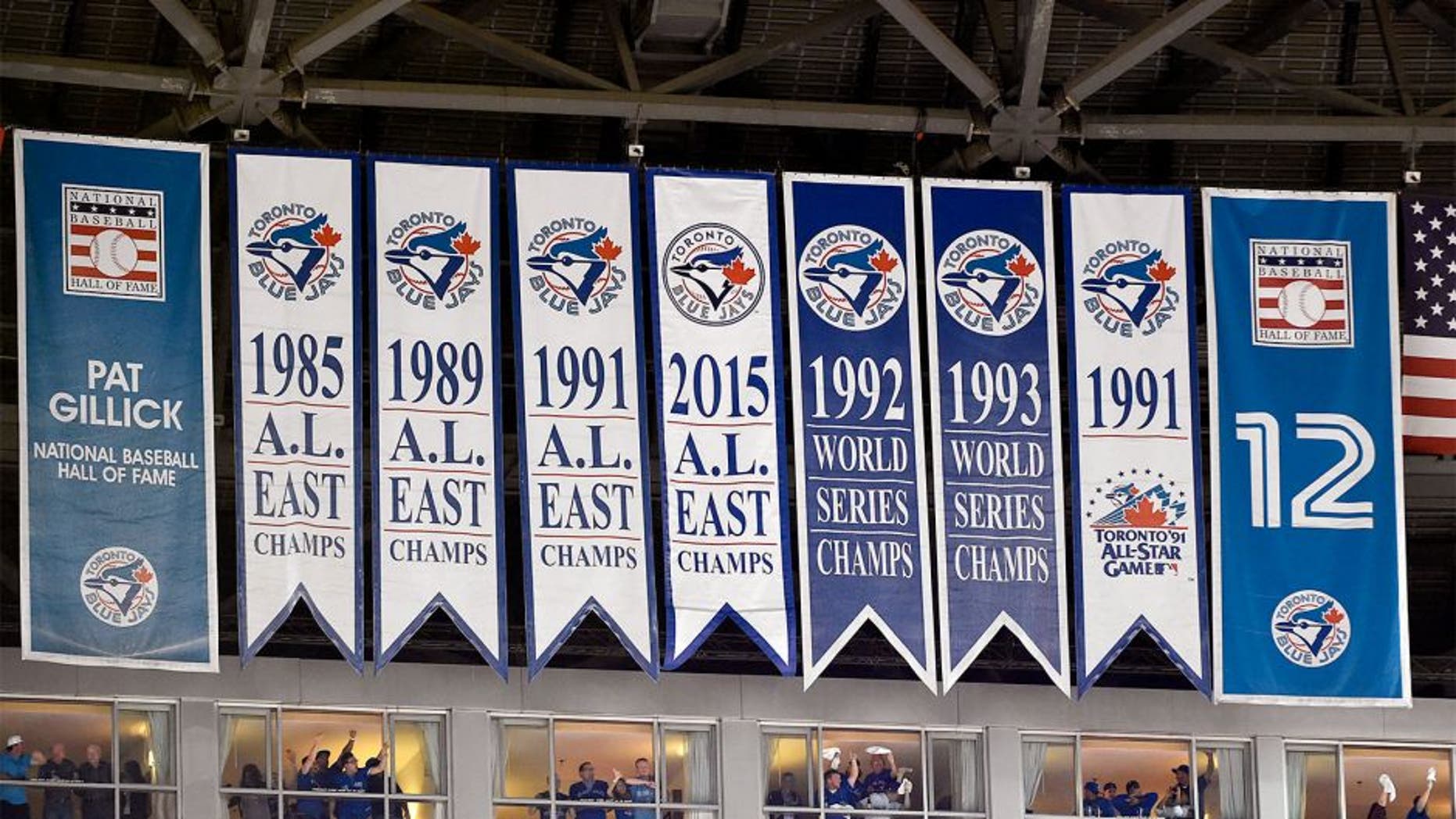 Oct 8, 2015; Toronto, Ontario, CAN; General view of Toronto Blue Jays pennants for past American League and World Series championships are seen prior to game one of the ALDS against the Texas Rangers at Rogers Centre. Mandatory Credit: Peter Llewellyn-USA TODAY Sports