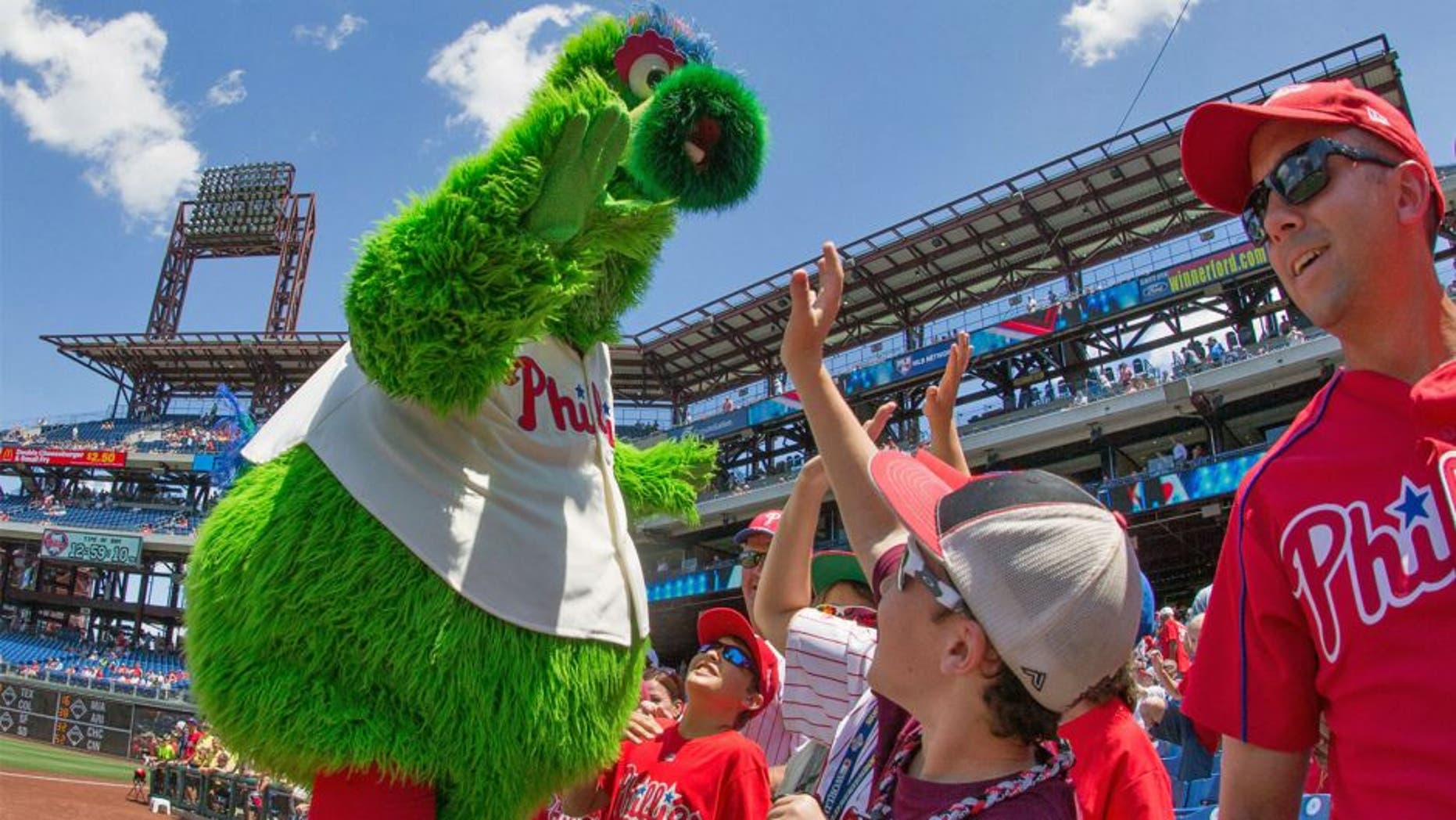 The Phillie Phanatic greets fans during a game against the Tampa Bay Rays at Citizens Bank Park in Philadelphia, July 22, 2015.