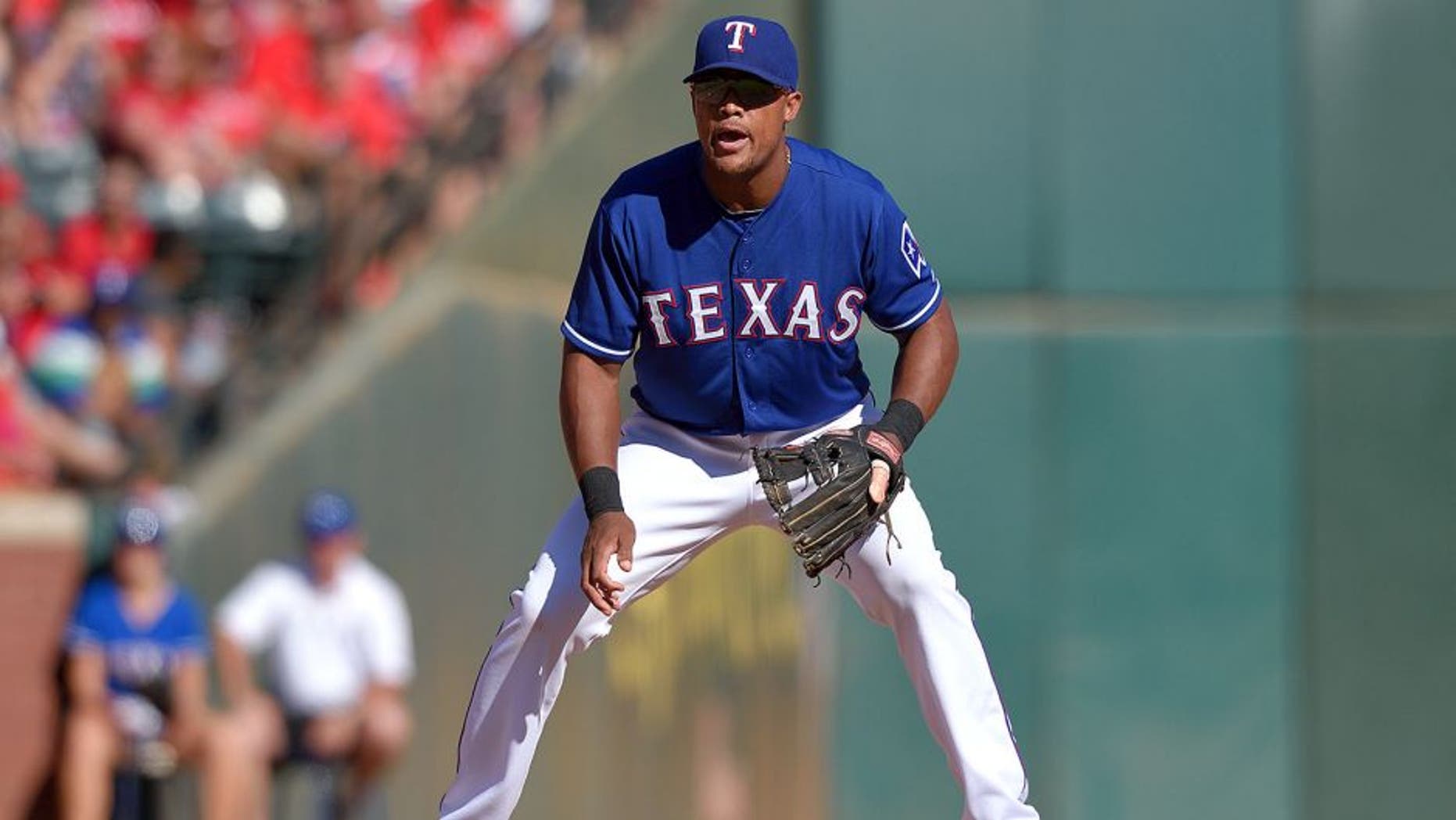 ARLINGTON, TX - OCTOBER 4: Adrian Beltre #29 of the Texas Rangers during the seventh inning of the game against the Los Angeles Angels of Anaheim at Globe Life Park in Arlington on October 4, 2015 in Arlington, California. (Photo by Matt Brown/Angels Baseball LP/Getty Images)