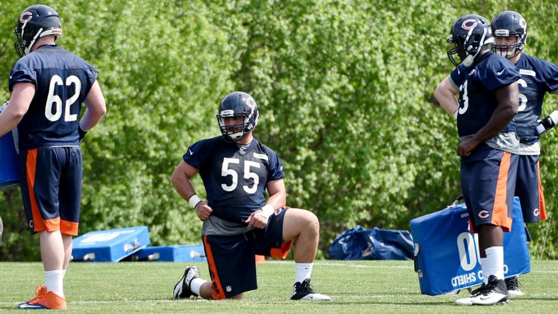 May 8, 2015; Lake Forest, IL, USA; Chicago Bears center Hroniss Grasu (55) during Chicago Bears rookie minicamp at Halas Hall. Mandatory Credit: David Banks-USA TODAY Sports